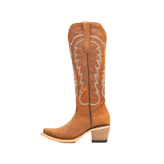 Tan Snip-Toe Thread Stitching Half-Zip Knee High Cowgirl Boots