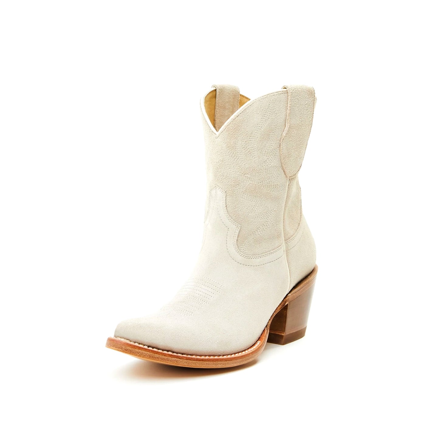 Ivory Faux Suede Almond-Toe Embroidery Ankle Cowgirl Boots