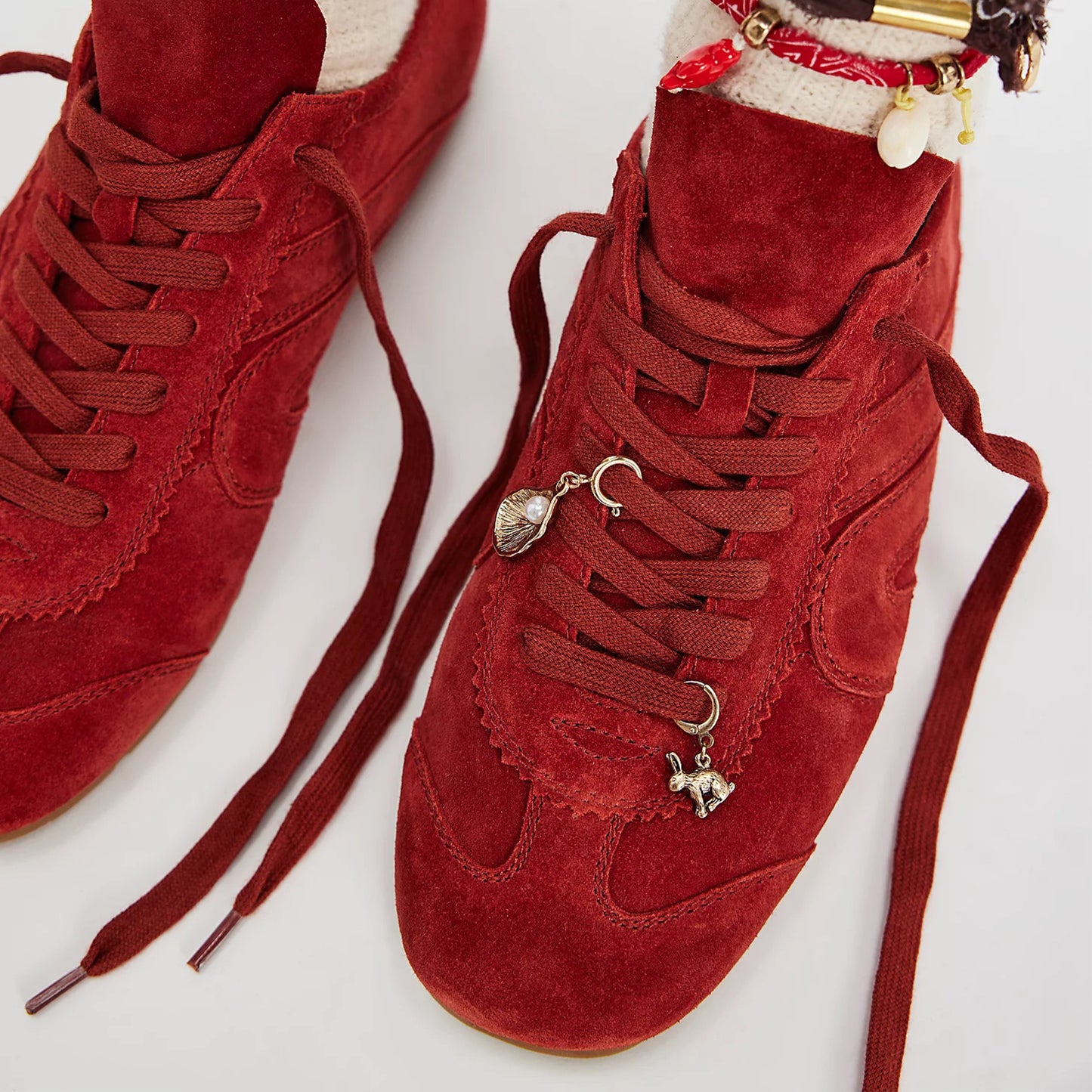 Red Faux Suede Square-Toe Lace-Up Sneakers Flats