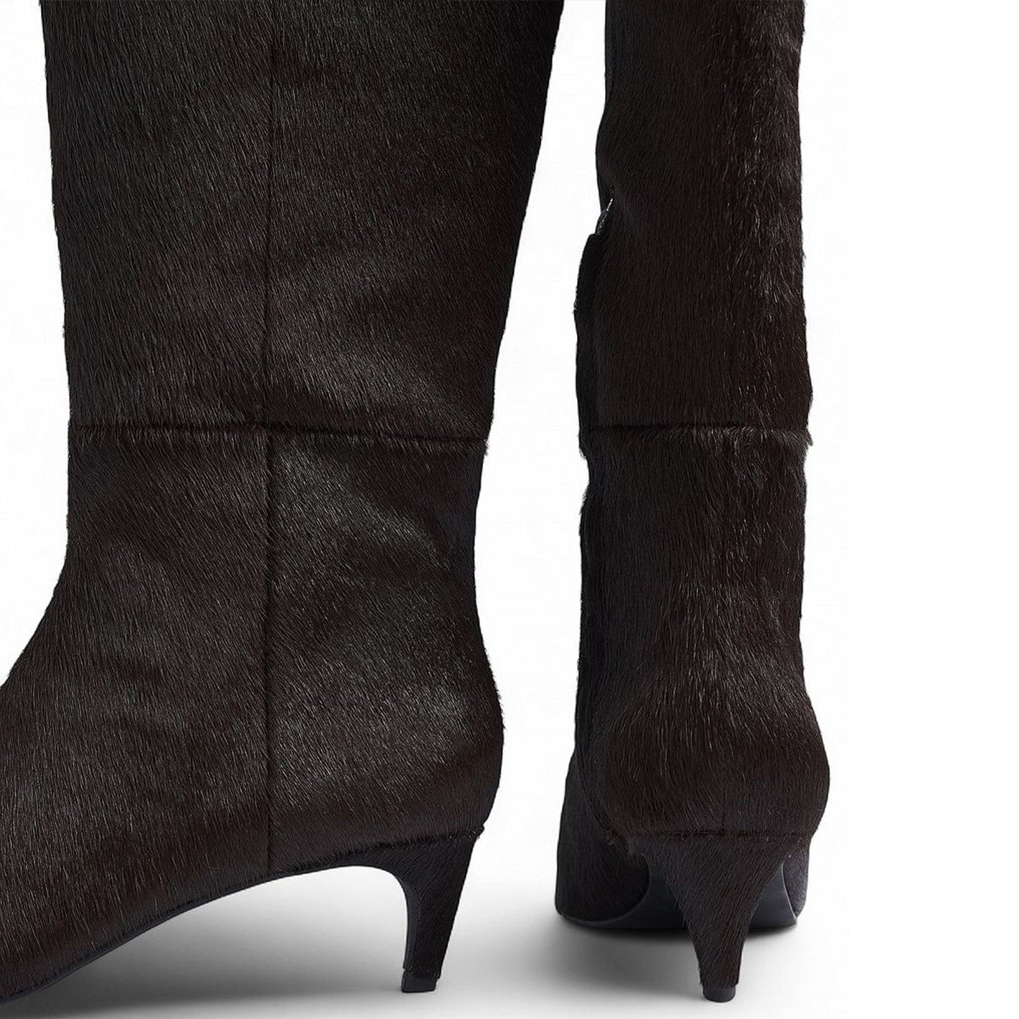 Brown Pony Hair Vegan Leather Pointed-Toe Half-Zip Knee High Stiletto Boots