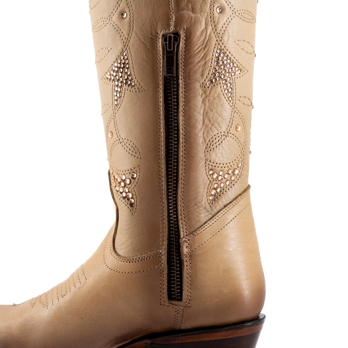 Latte Snip-Toe Rhinestone Embroidery Half-Zip Knee High Cowgirl Boots
