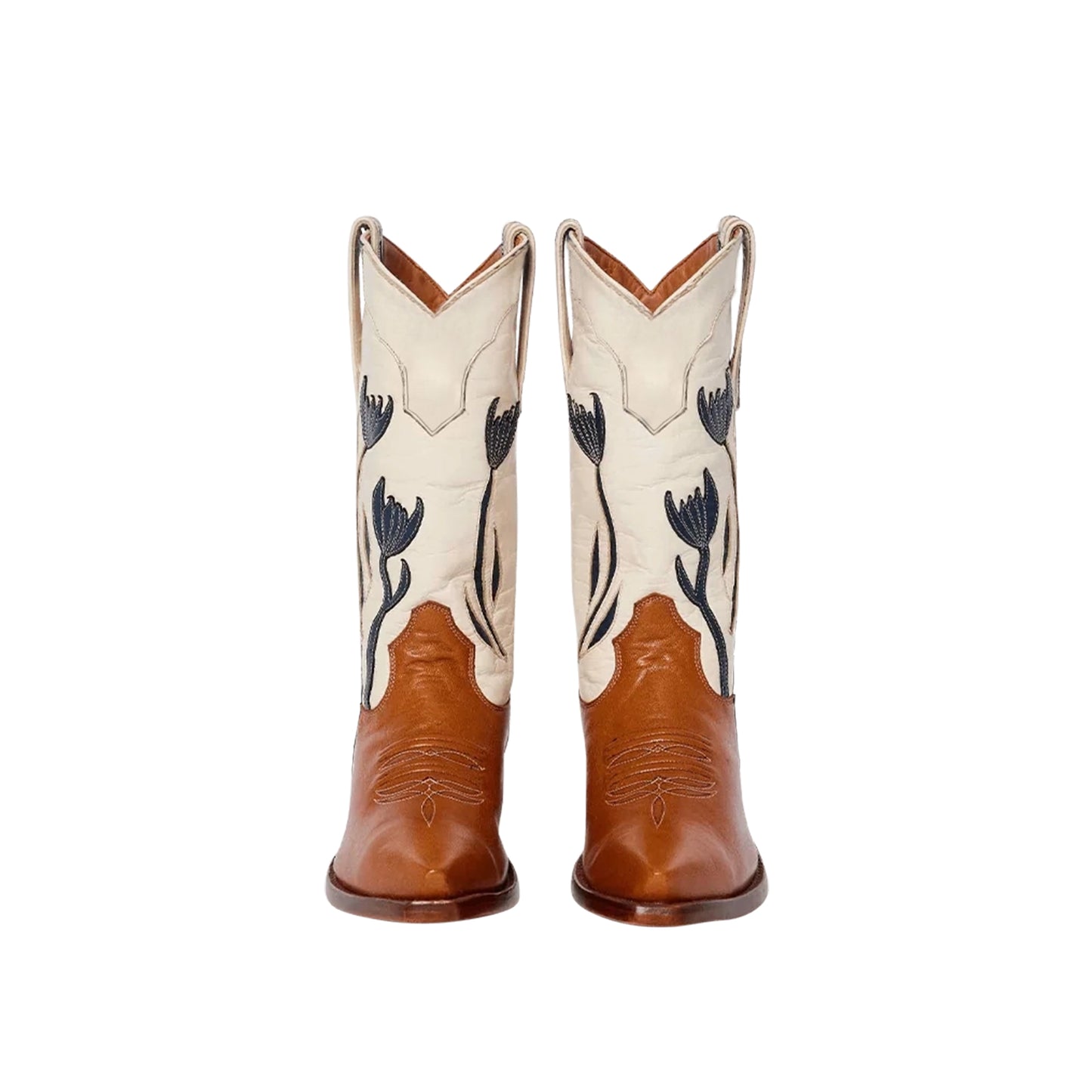 Contrast Cream And Brown Snip-Toe Navy Tulip Inlay Mid Calf Cowgirl Boots