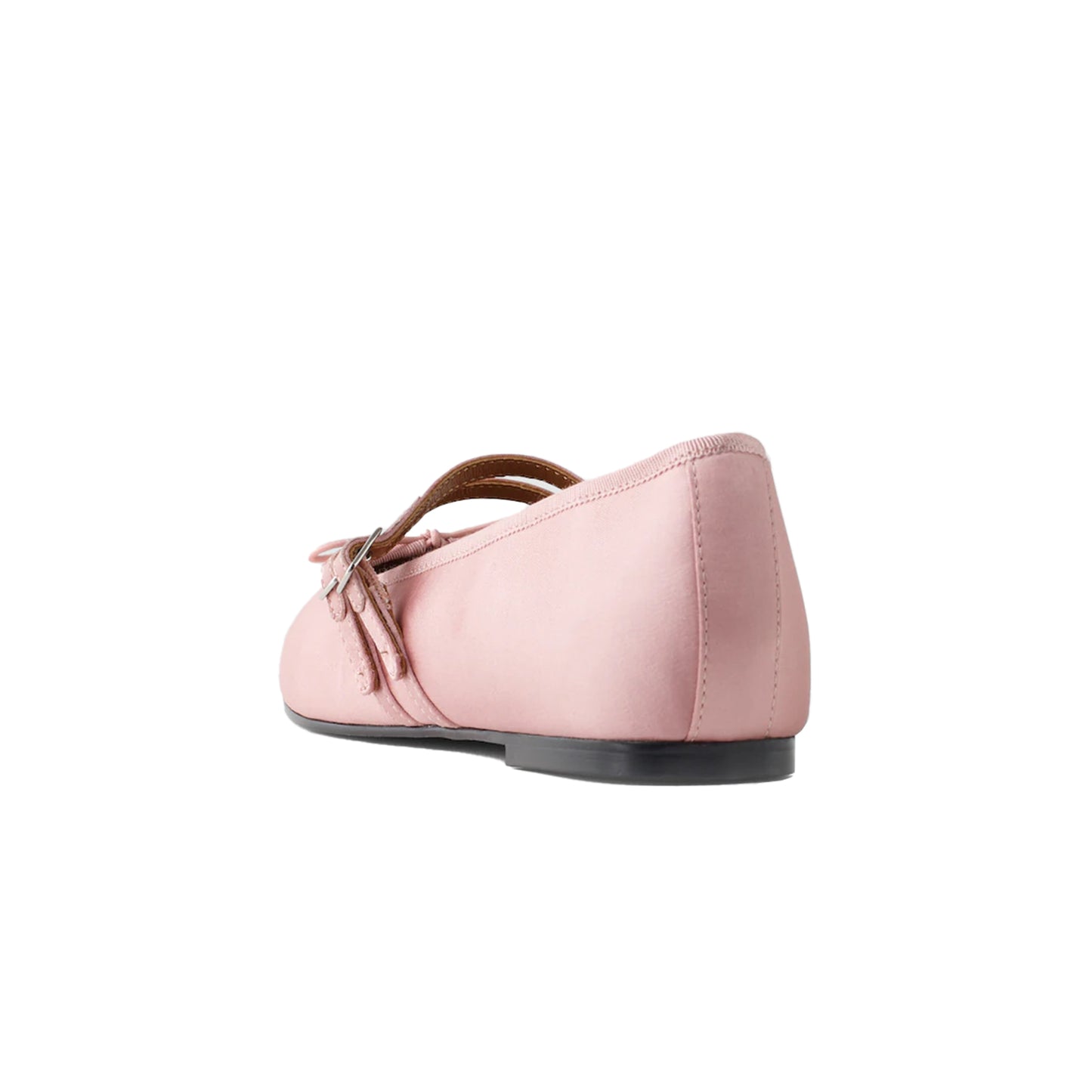 Blush Pink Satin Square-Toe Double Bridge Strap Front Bow Ballet Flats
