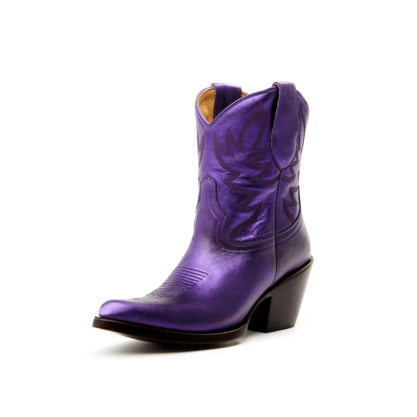 Metallic Purple Almond-Toe Embroidery Ankle Cowgirl Boots