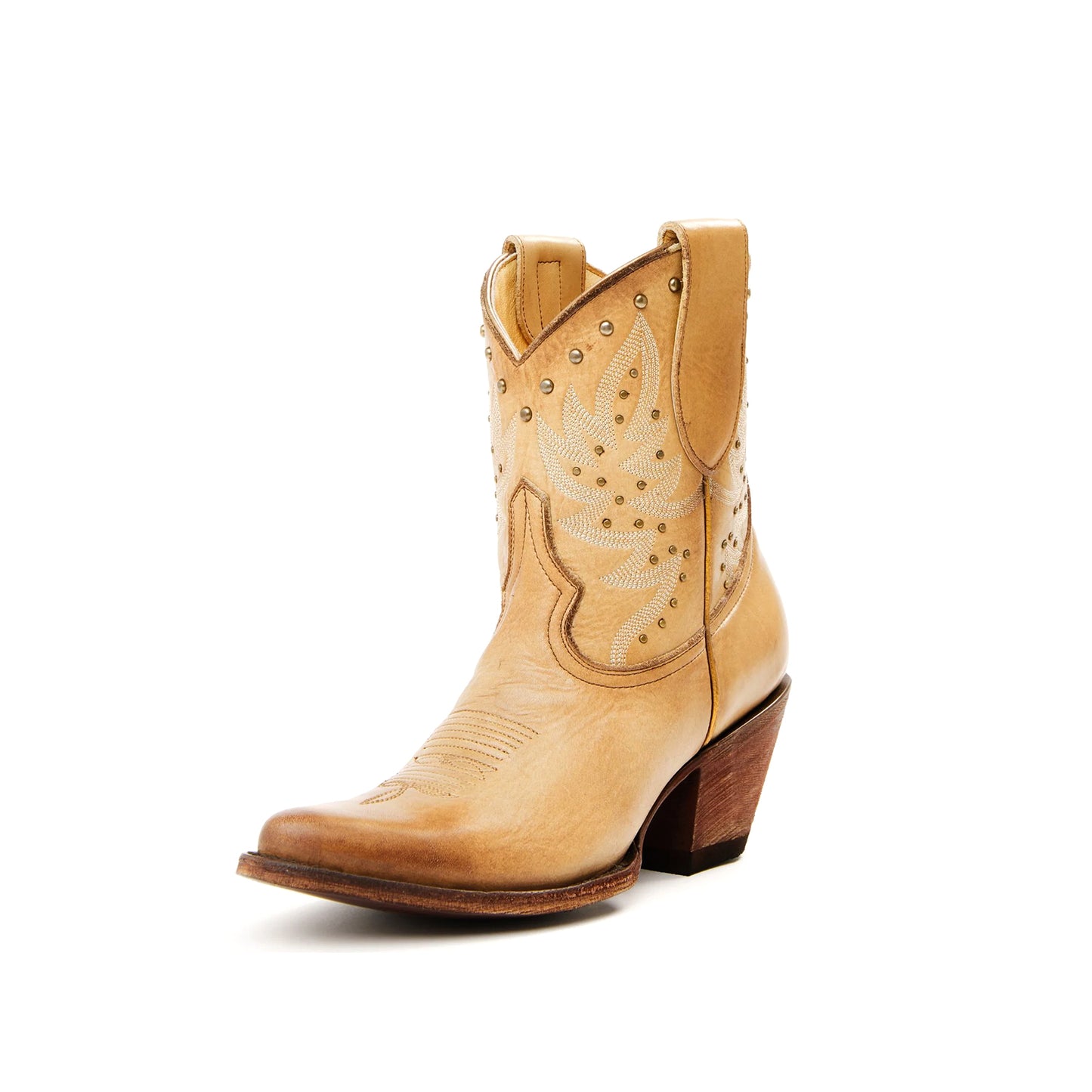 Tan Round-Toe Embroidery Studded Ankle Cowgirl Boots