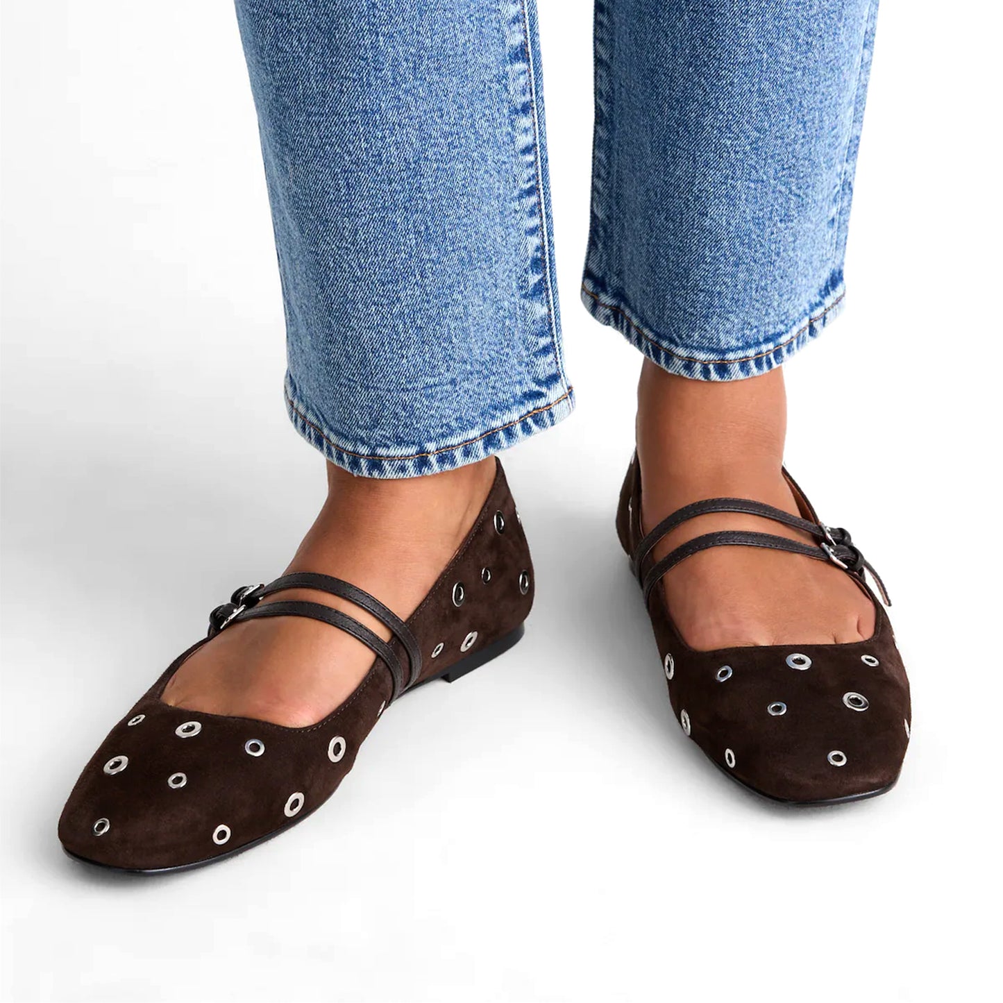 Cocoa Faux Suede Square-Toe Eyelet Double Buckle Bridge Strap Flats