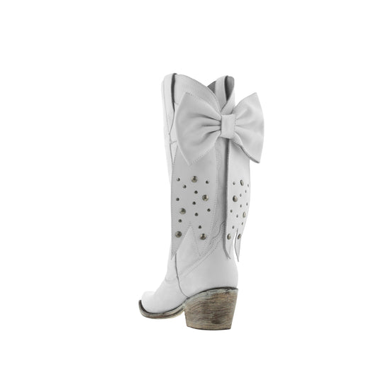 White Pointed-Toe Embroidery Back Studded Bow Mid Calf Cowgirl Boots