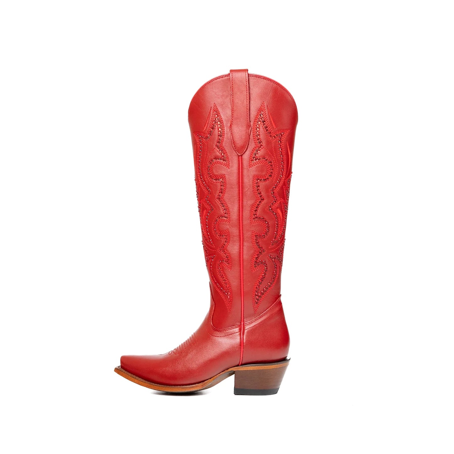 Red Snip-Toe Rhinestone And Embroidery Half-Zip Knee High Cowgirl Boots