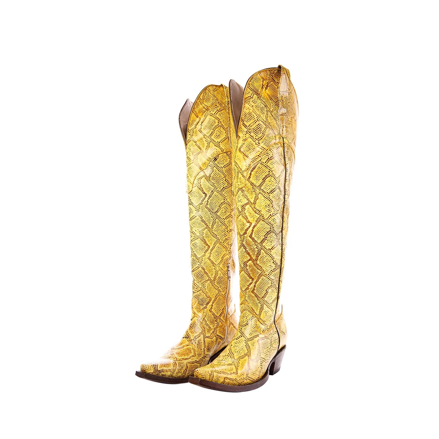 Yellow Snakeskin Snip-Toe Half-Zip Over-The-Knee Cowgirl Boots