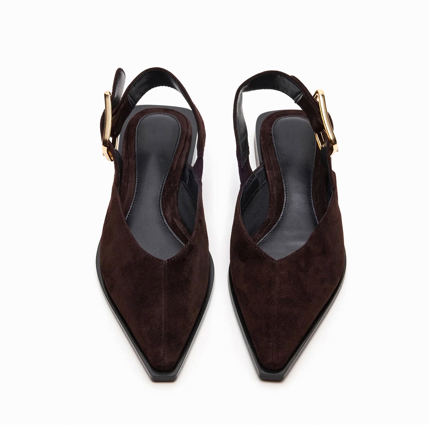 Brown Faux Suede Pointed-Toe Slingback Buckle Flats