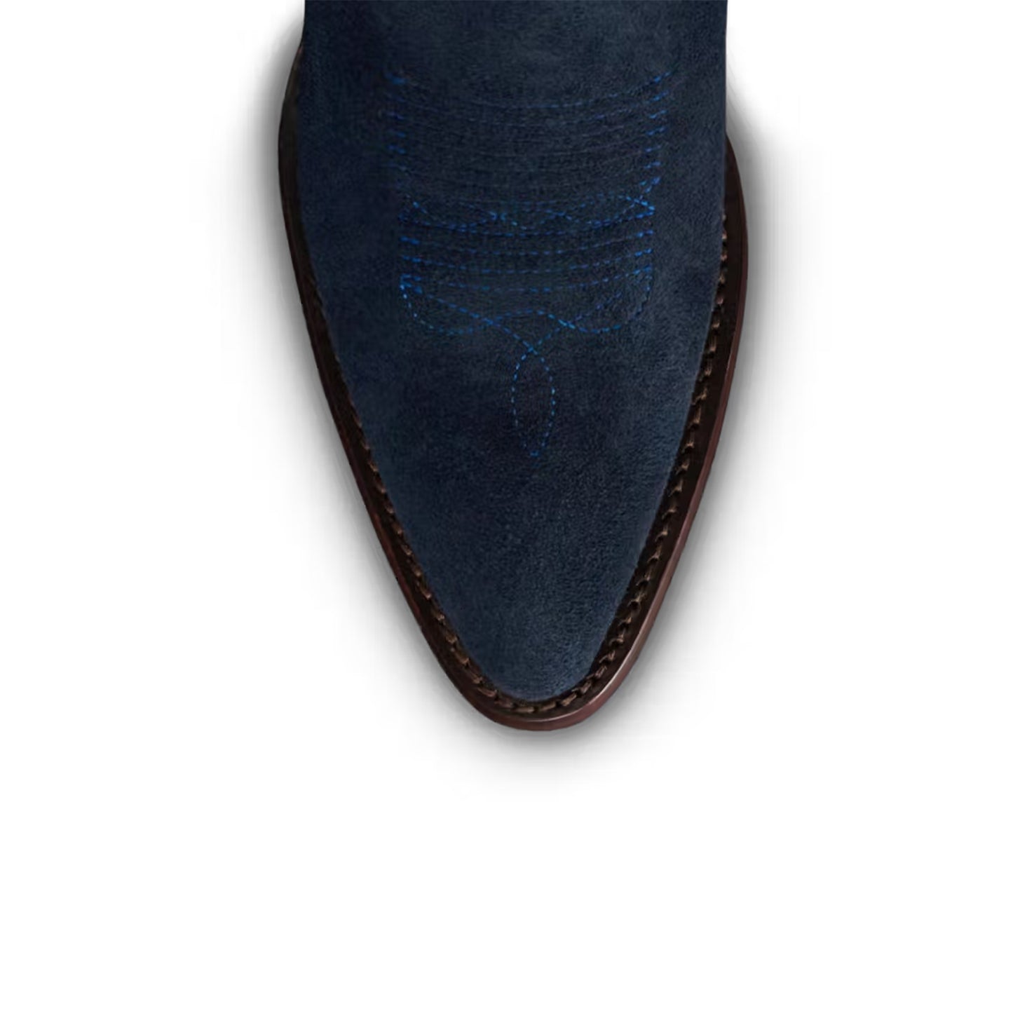 Navy Blue Faux Suede Almond-Toe Embroidery Wide Calf Knee High Cowgirl Boots