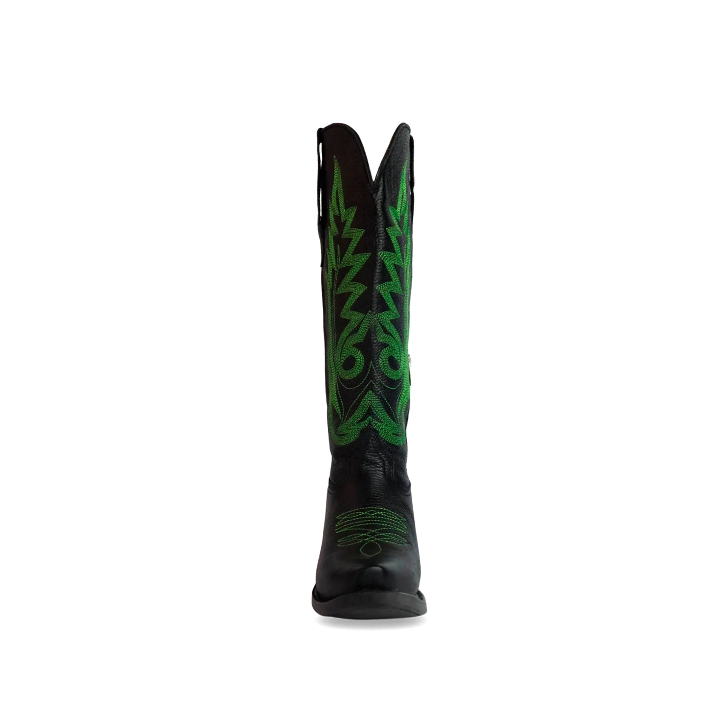 Black Snip-Toe Green Embroidery Mid Calf Cowgirl Boots