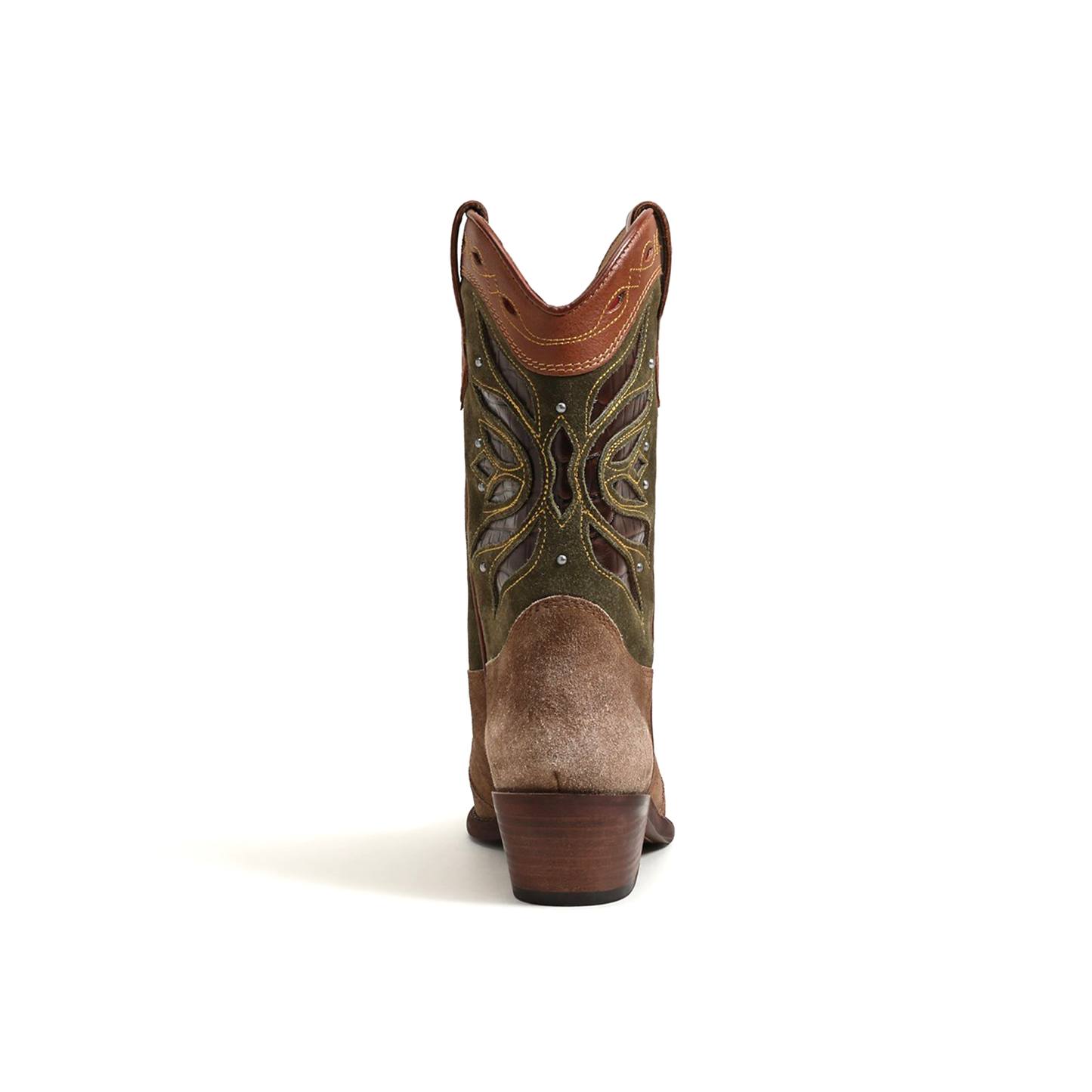 Dark Tan Pointed-Toe Inlays Studded Mid Calf Cowgirl Boots