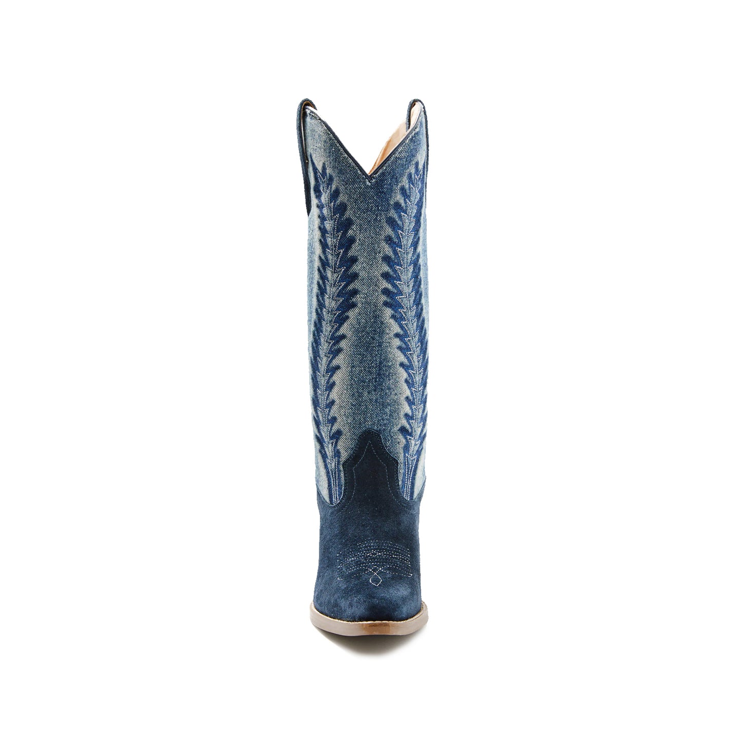 Contrast Blue Denim and Navy Faux Suede Snip-Toe Embroidery Knee High Cowgirl Boots