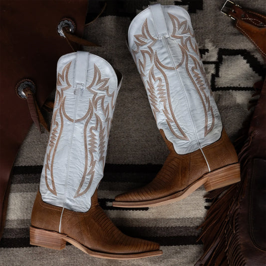 Contrast White And Tan Snip-Toe Embroidery Wide Calf Knee High Cowgirl Boots