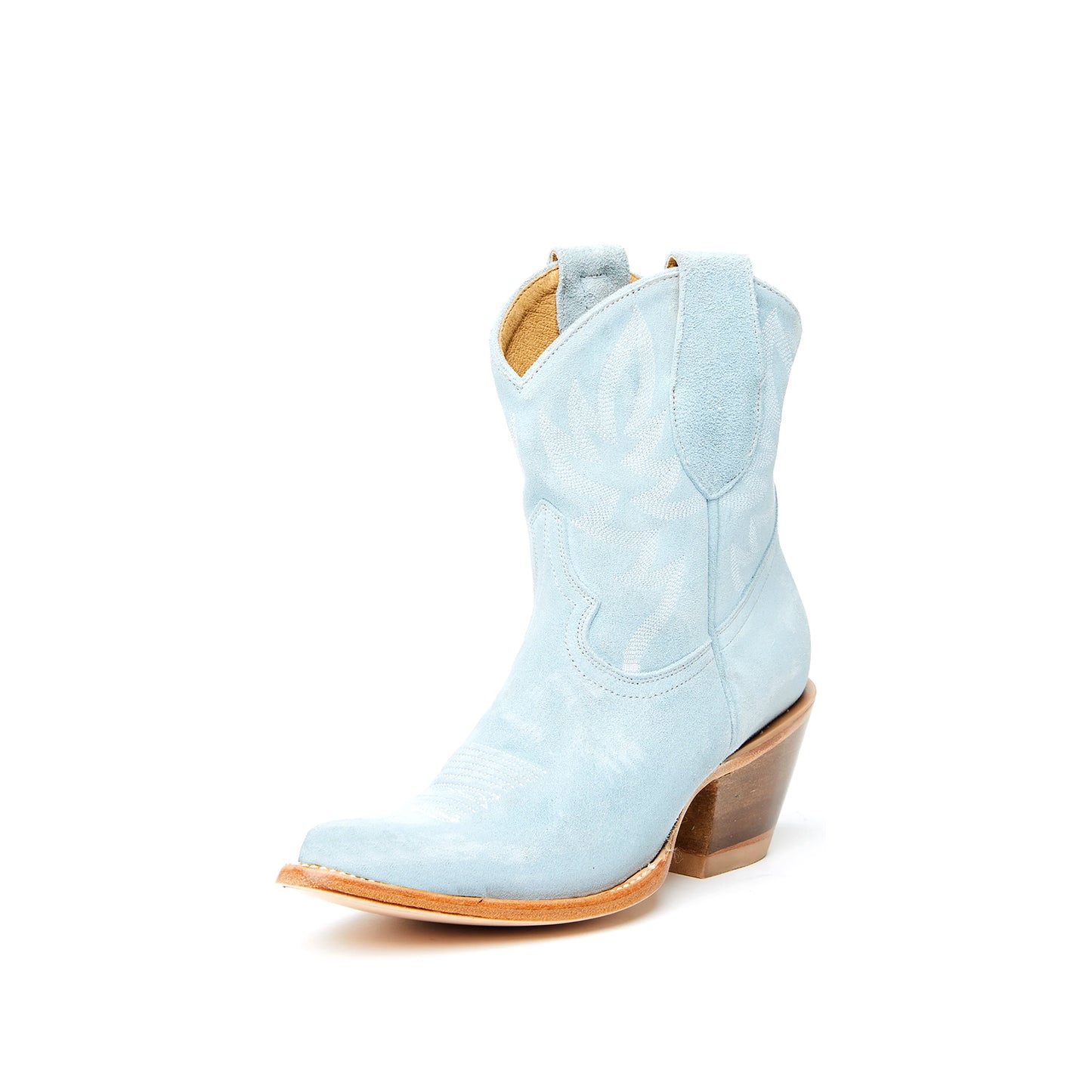 Light Blue Faux Suede Almond-Toe Embroidery Ankle Cowgirl Boots