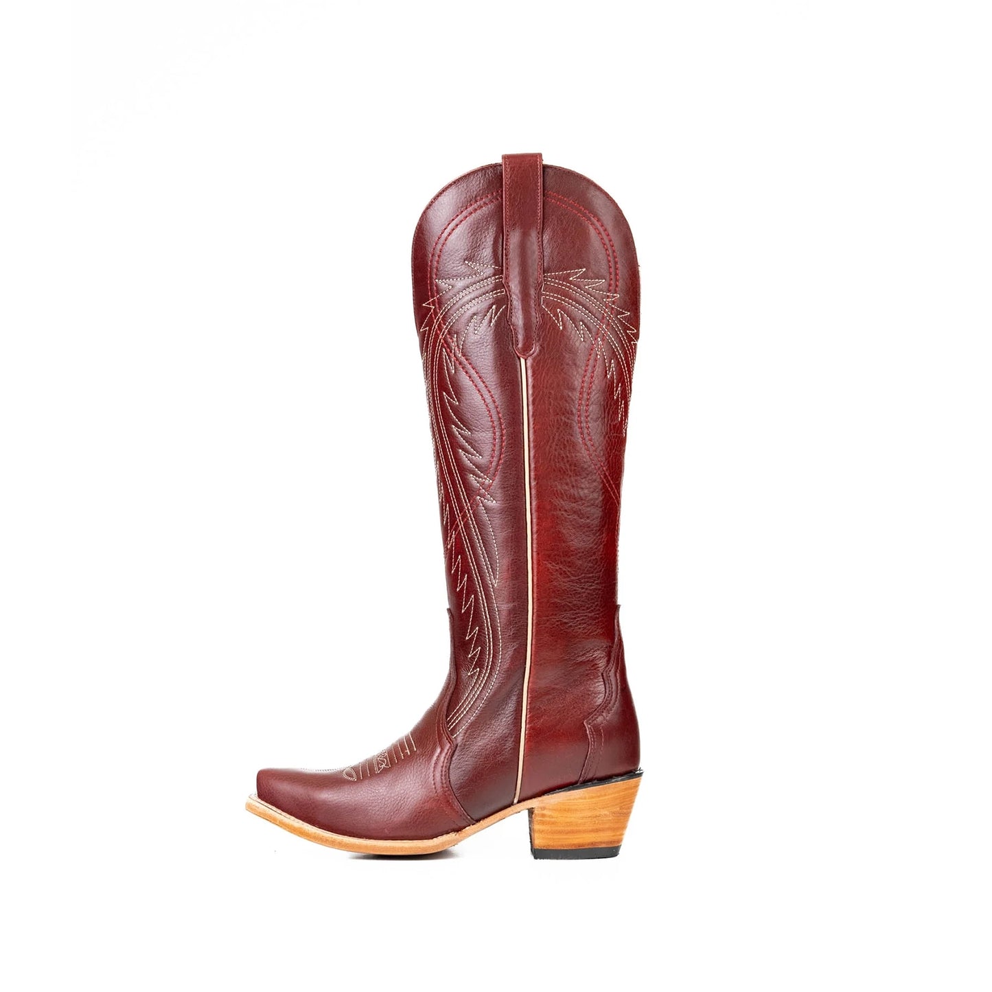 Wine Red Snip-Toe Half-Zip Double Embroidery Knee High Cowgirl Boots