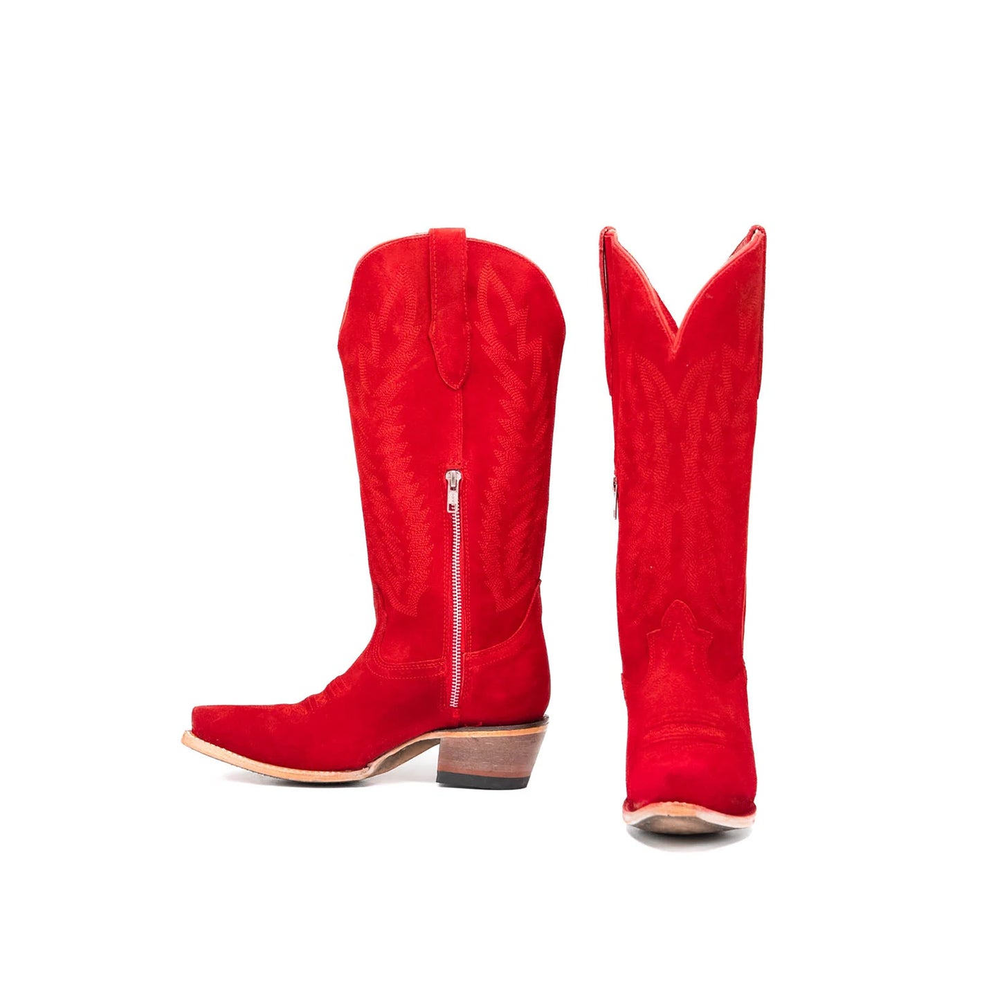 Red Faux Suede Snip-Toe Half-Zip Embroidery Mid Calf Cowgirl Boots