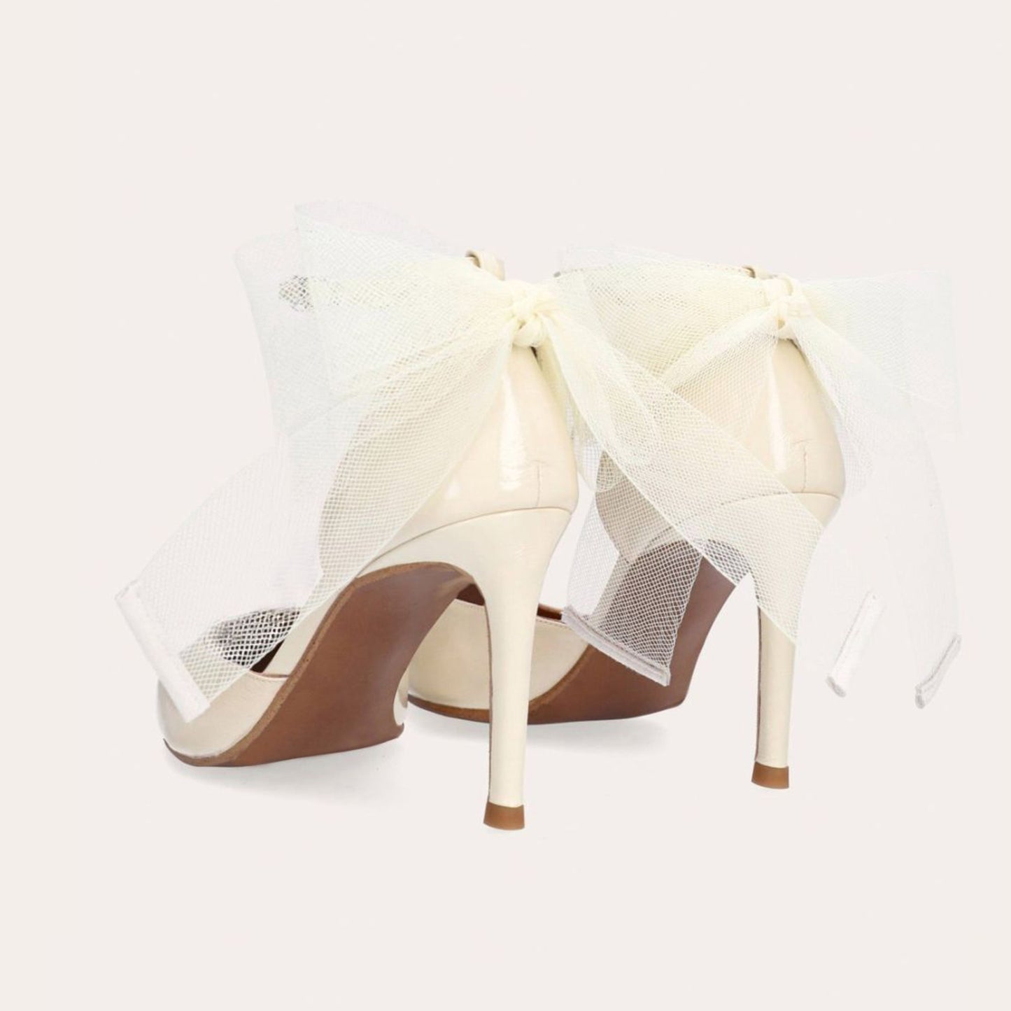 Ivory Pointed-Toe Chic Back Big Mesh Bow And Ankle Strap High Heels