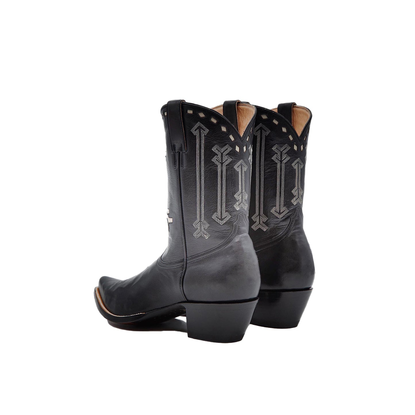 Black Snip-Toe Embroidery "X" Inlay Ankle Cowgirl Boots