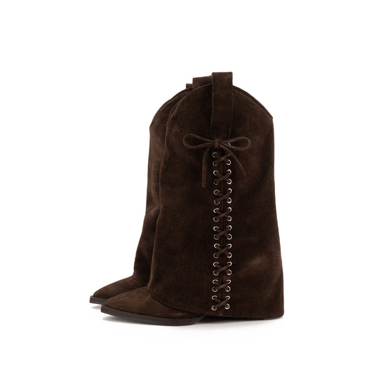 Brown Faux Suede Pointed-Toe Fold-Over Side Lace-Up Mid Calf Cowgirl Boots
