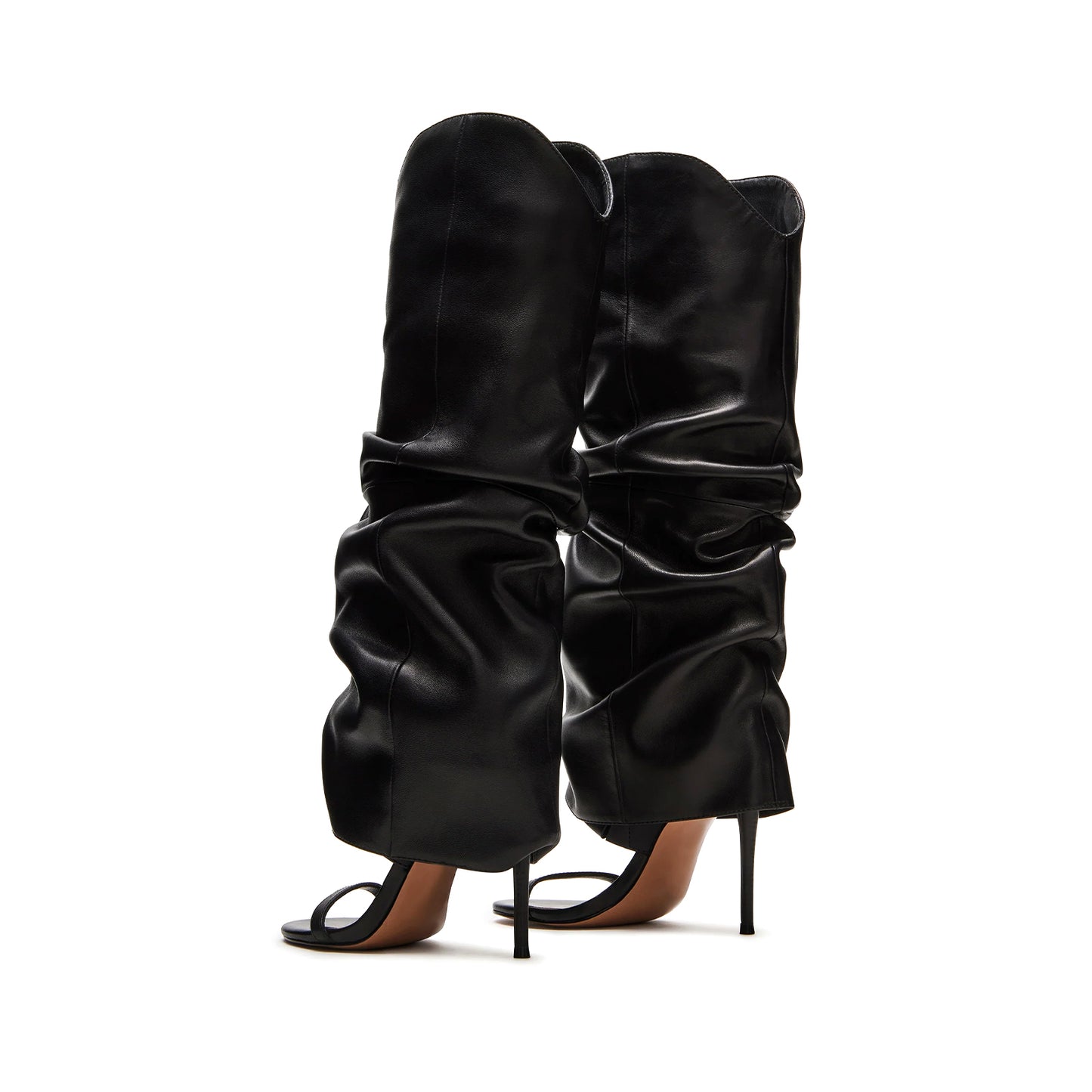 Black Open Round-Toe Fold-Over Wide Calf Knee High Stiletto Boots