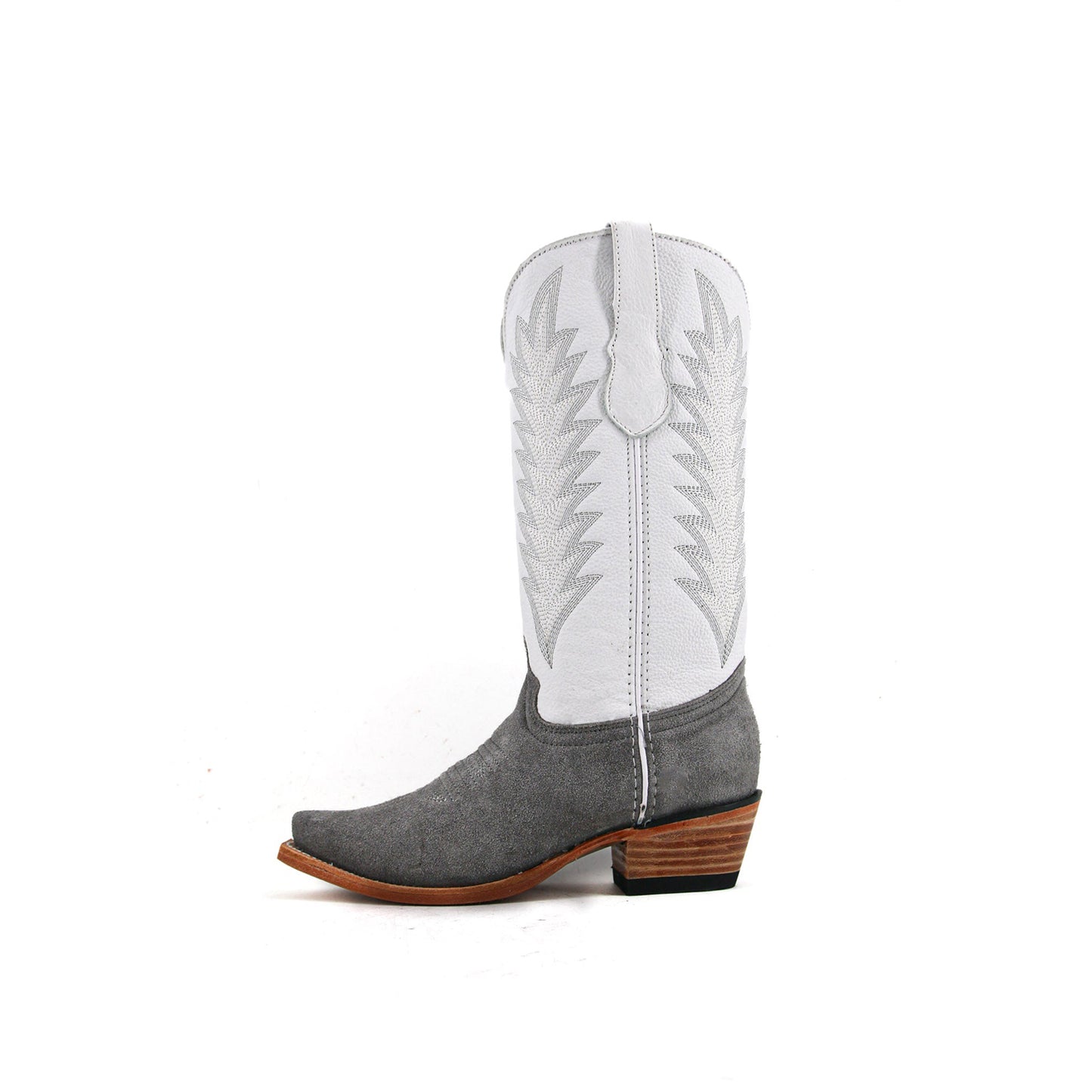 Contrast White And Gray Faux Suede Snip-Toe Embroidery Mid Calf Cowgirl Boots