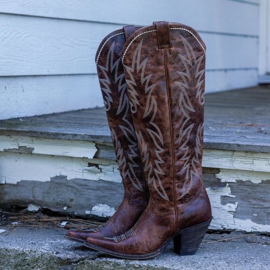 Distressed Brown Snip-Toe Half-Zip Embroidery Knee High Cowgirl Boots