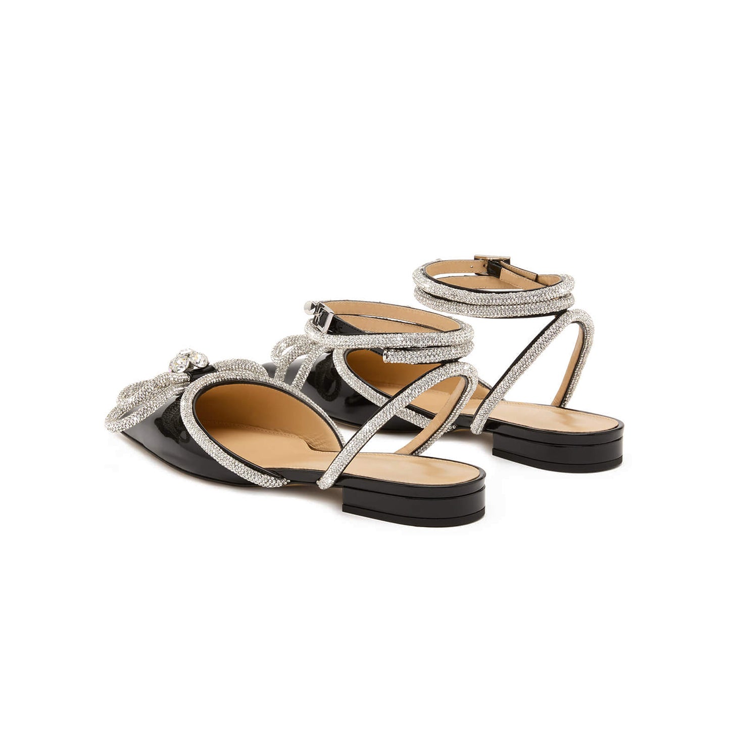 Patent Black Pointed-Toe Glitter Double Bow With Rhinestones Ankle Strap Flats