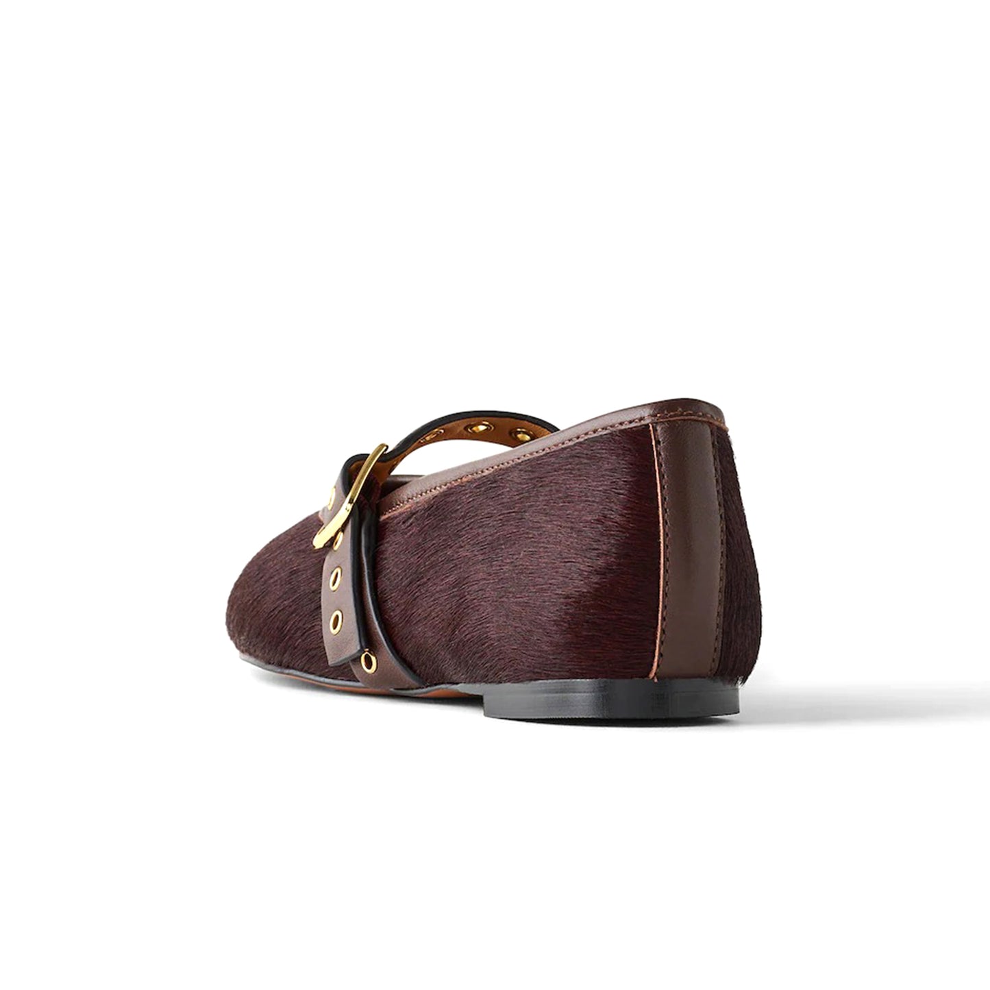 Chocolate Pony Hair Round-Toe Buckle Bridge Strap Slip-On Flats