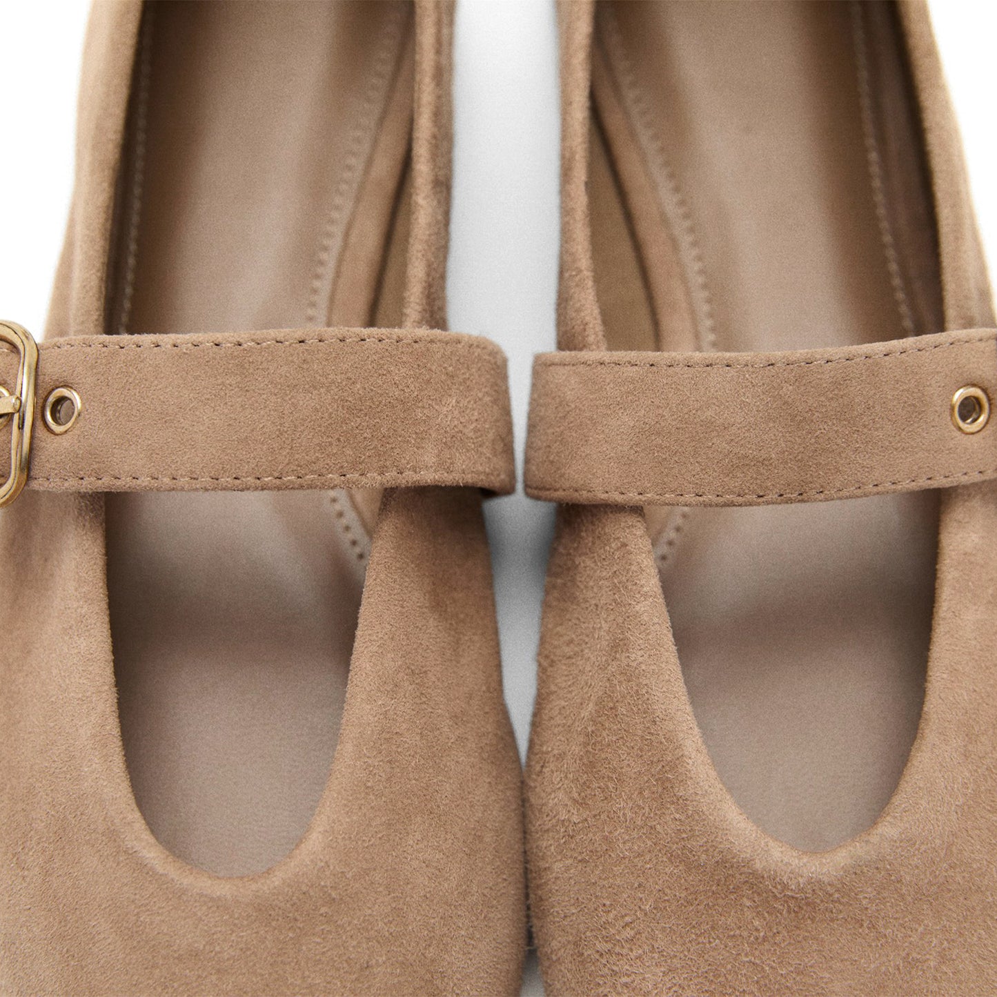 Sand Faux Suede Round-Toe Bridge Strap Ballet Flats