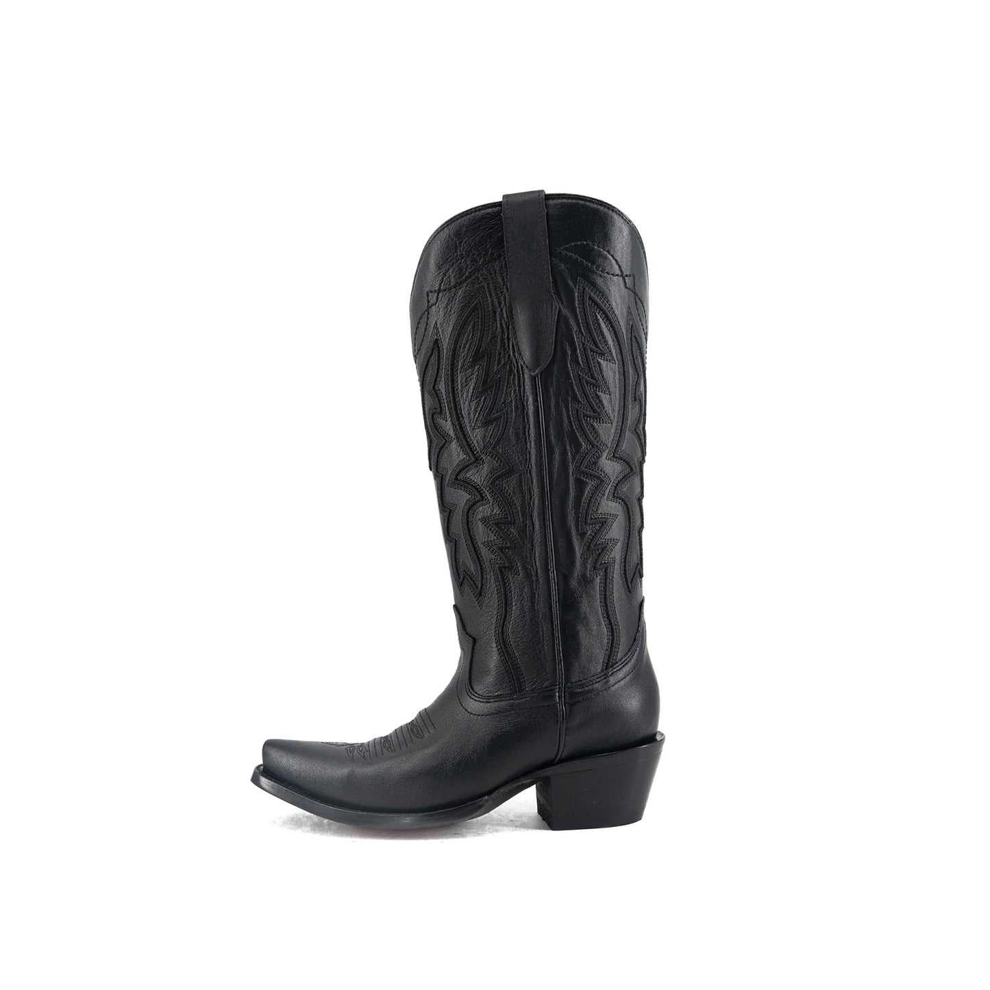 Black Snip-Toe Half-Zip Embroidery Mid Calf Cowgirl Boots