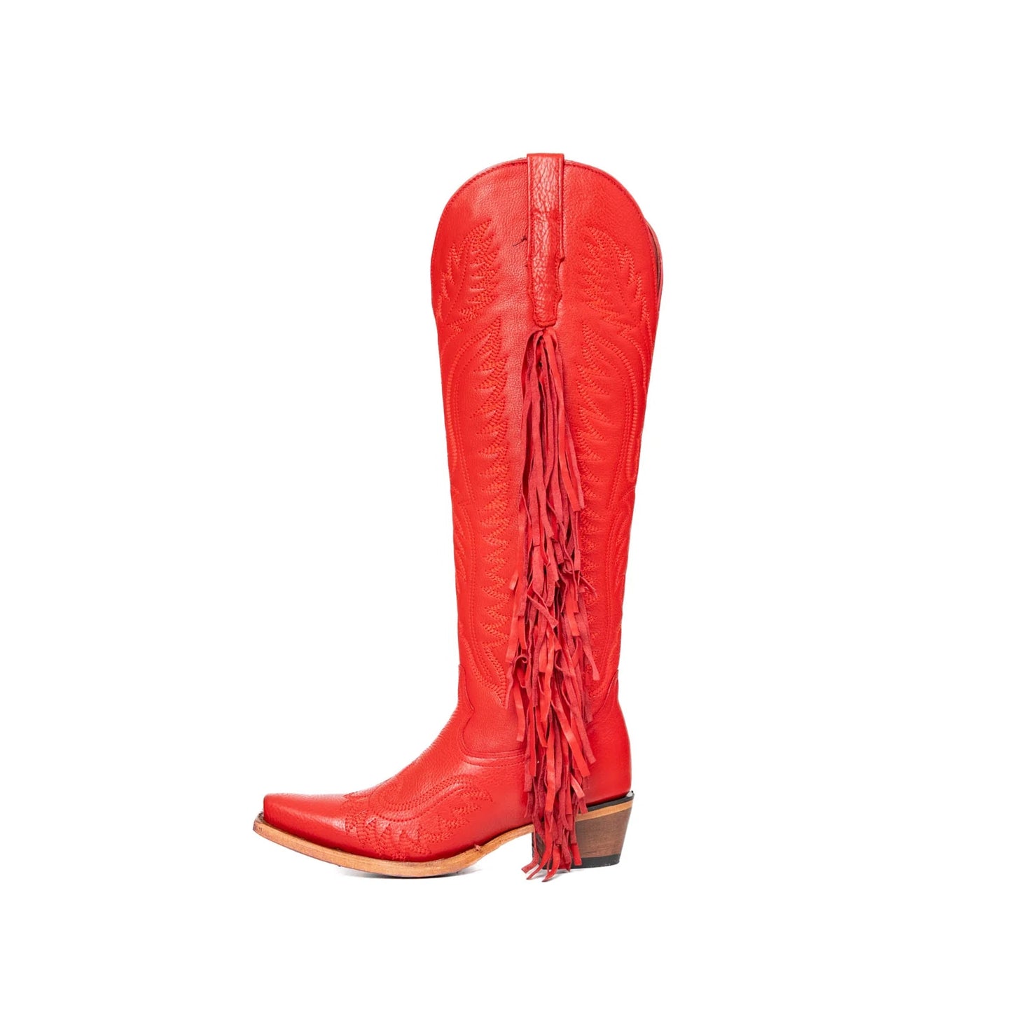 Red Snip-Toe Embroidery Side Fringe Half-Zip Knee High Cowgirl Boots