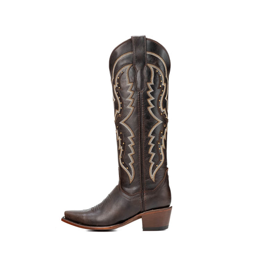 Brown Snip-Toe Embroidery Gold Studs Wide Calf Knee High Cowgirl Boots