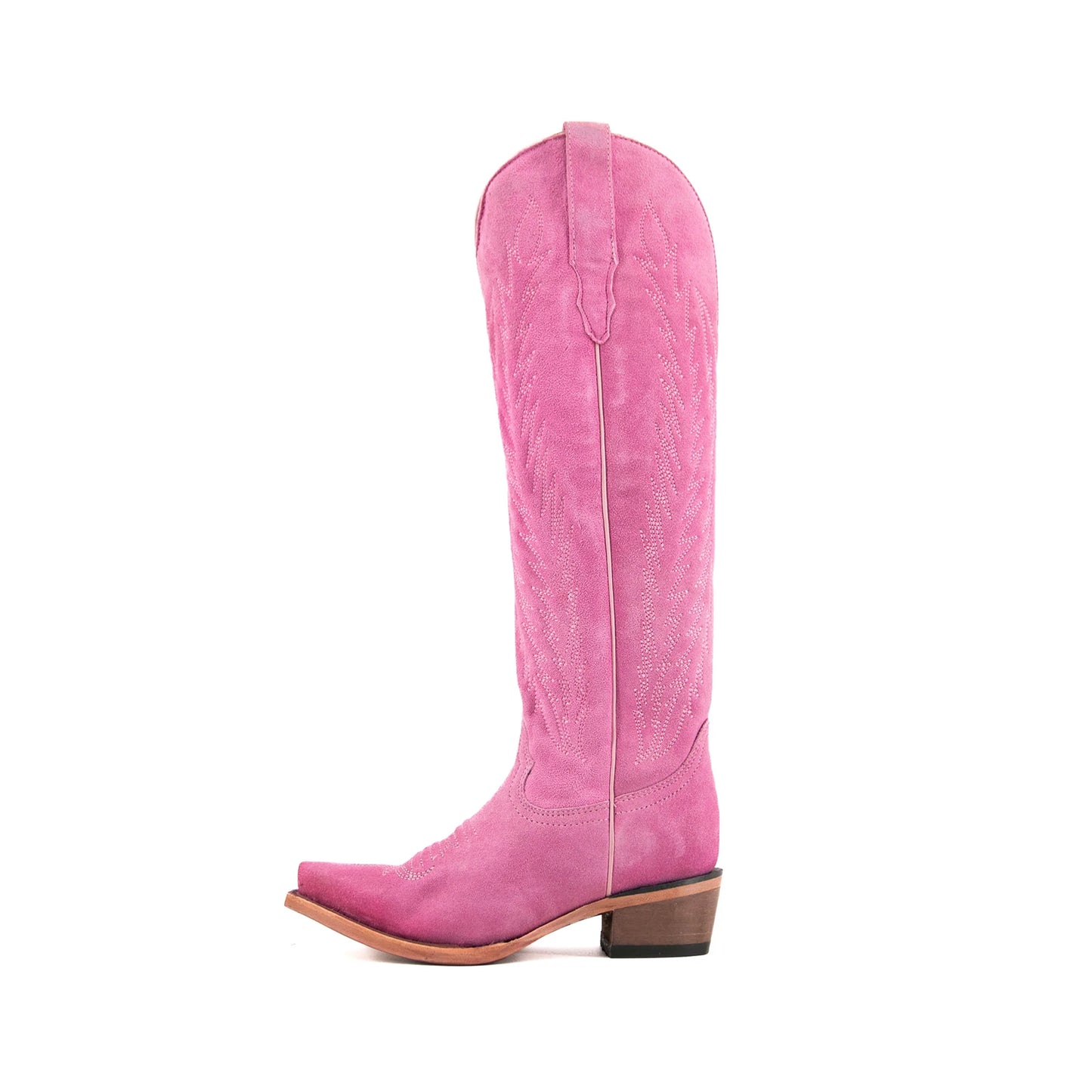 Pink Faux Suede Snip-Toe Embroidery Half-Zip Knee High Cowgirl Boots