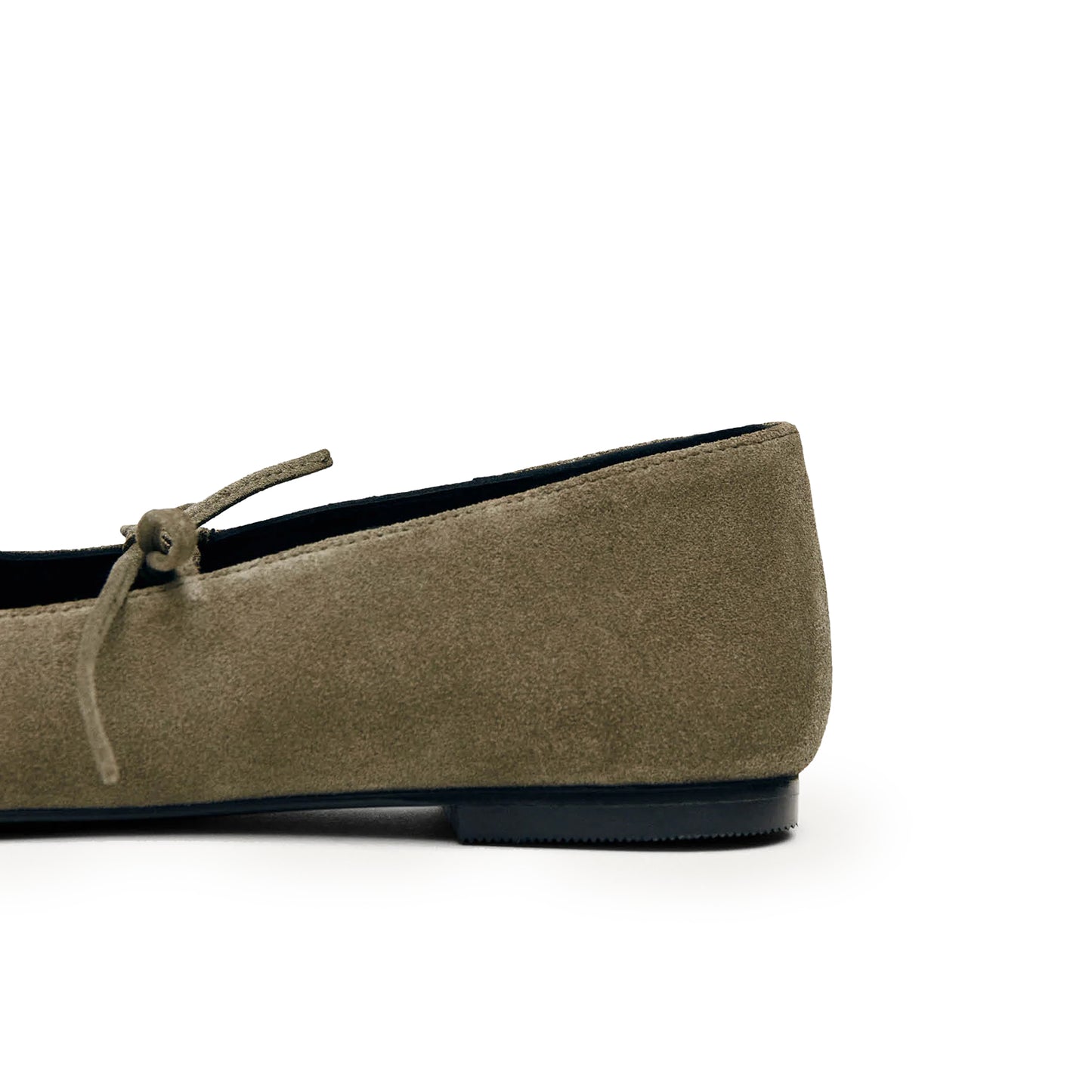 Khaki Faux Suede Square-Toe V-Cut Vamps Bridge Self-Tie Bow Ballet Flats