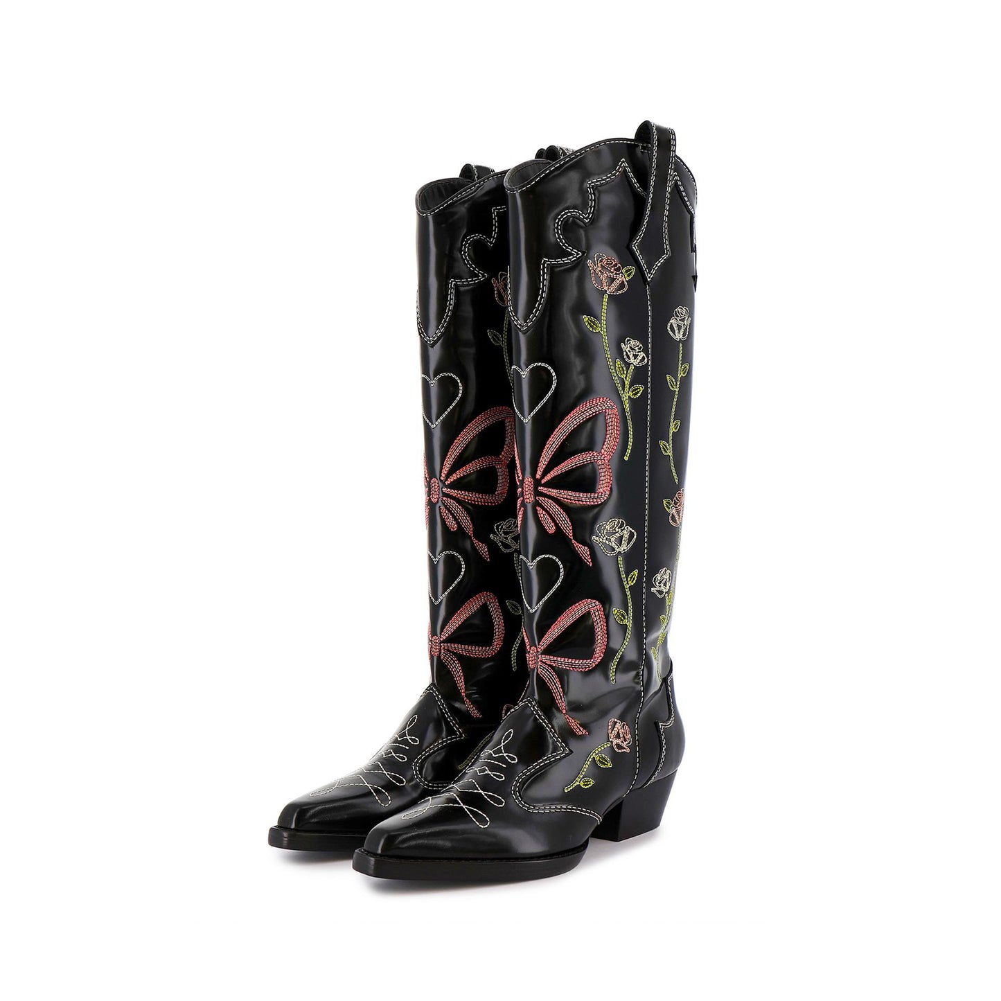 Black Snip-Toe Rose Heart Butterfly Embroidery Wide Calf Knee High Cowgirl Boots