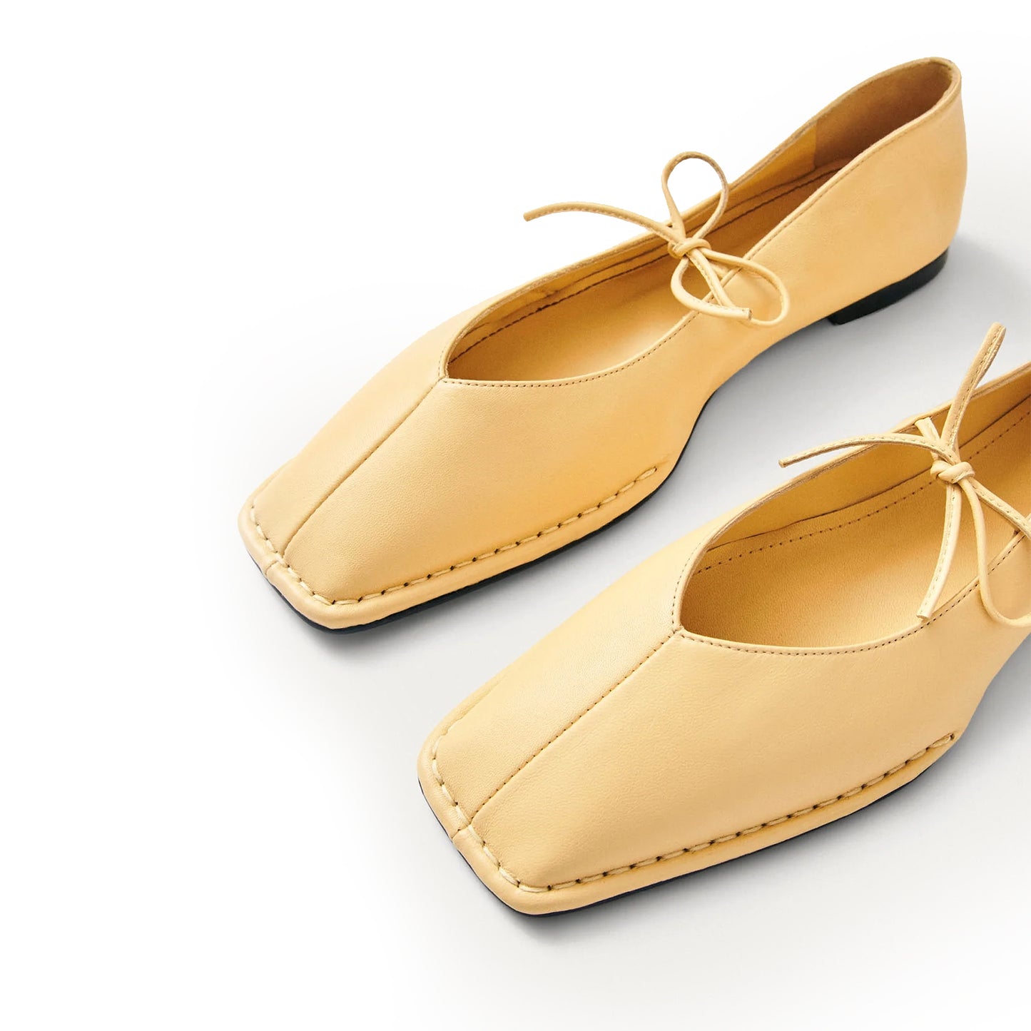 Yellow Square-Toe V-Cut Vamps Bridge Self-Tie Bow Ballet Flats