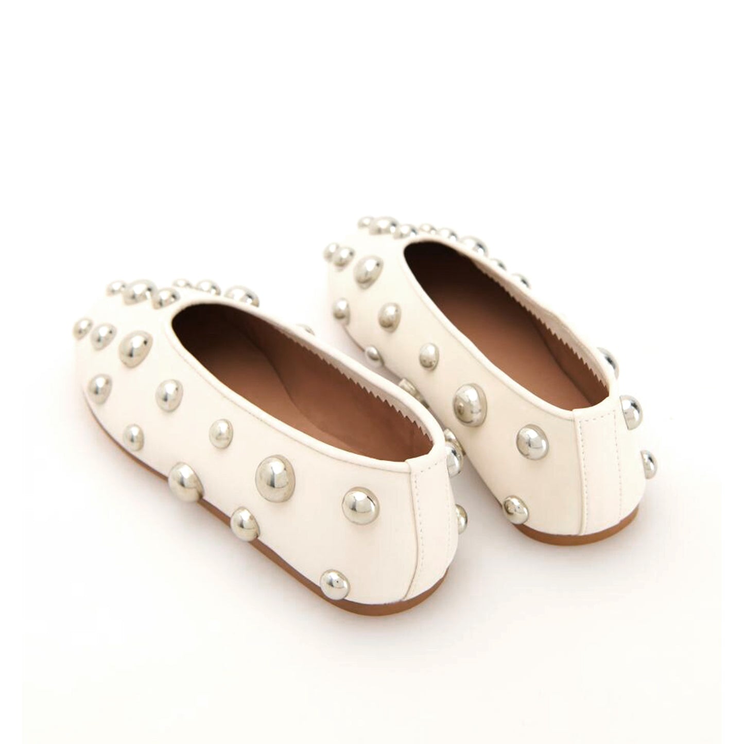 White Vegan Leather Round-Toe Studded Slip-On Flats