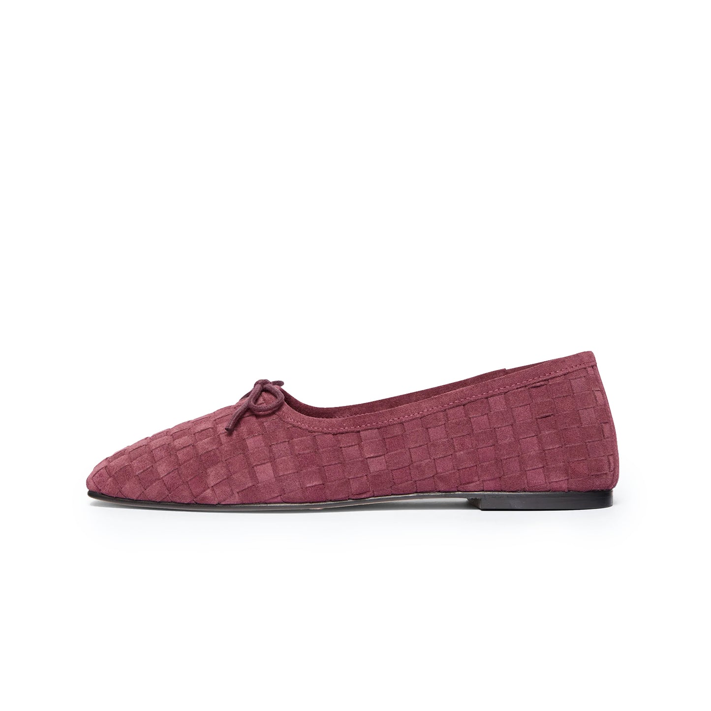 Wine Red Woven Faux Suede Square-Toe Front Bow Ballet Flats
