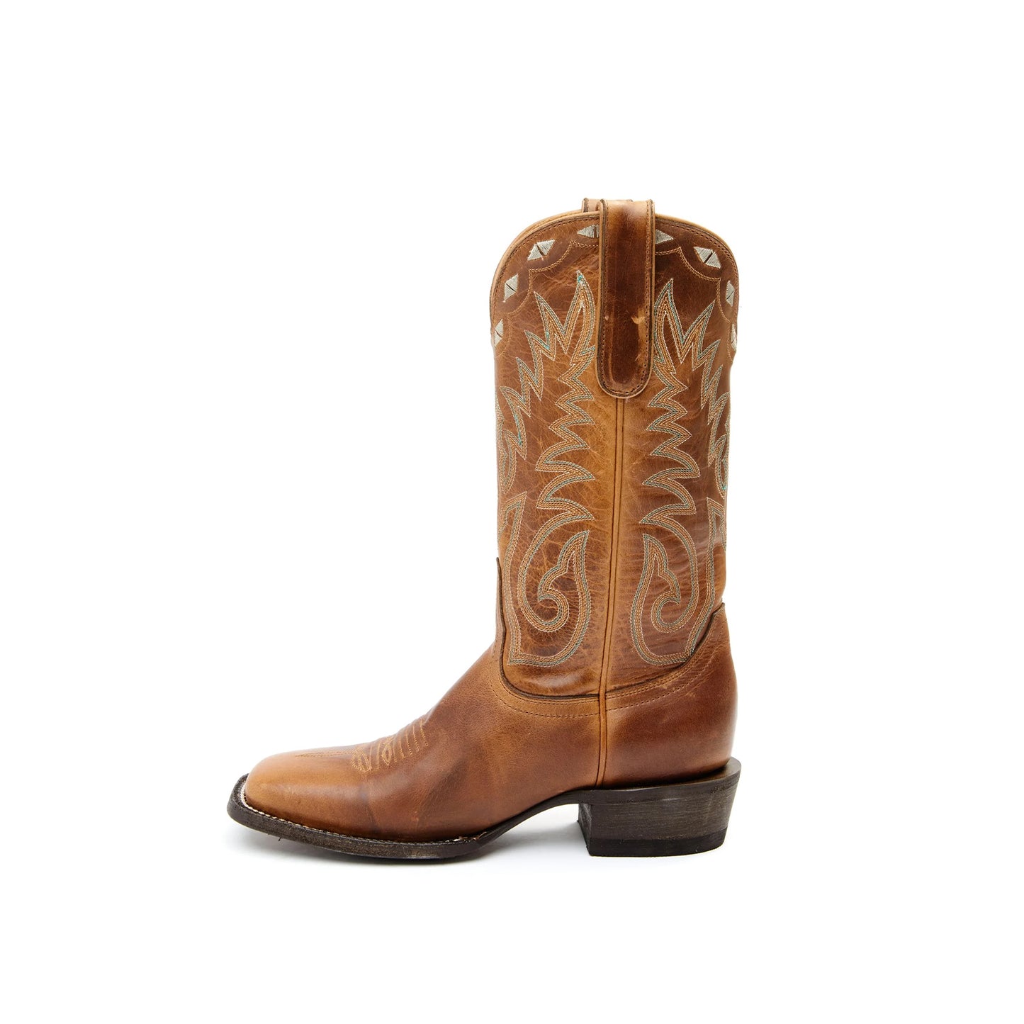 Distressed Tan Square-Toe Embroidery Mid Calf Cowgirl Boots