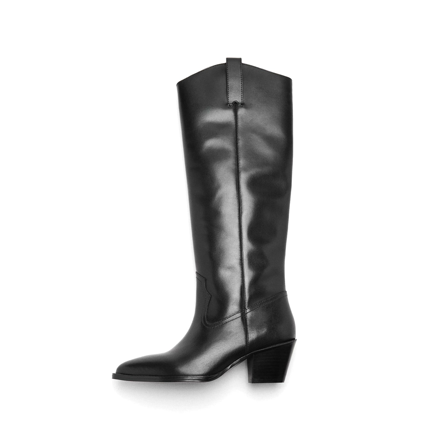 Black Vegan Leather Almond-Toe Simple Wide Calf Knee High Cowgirl Boots