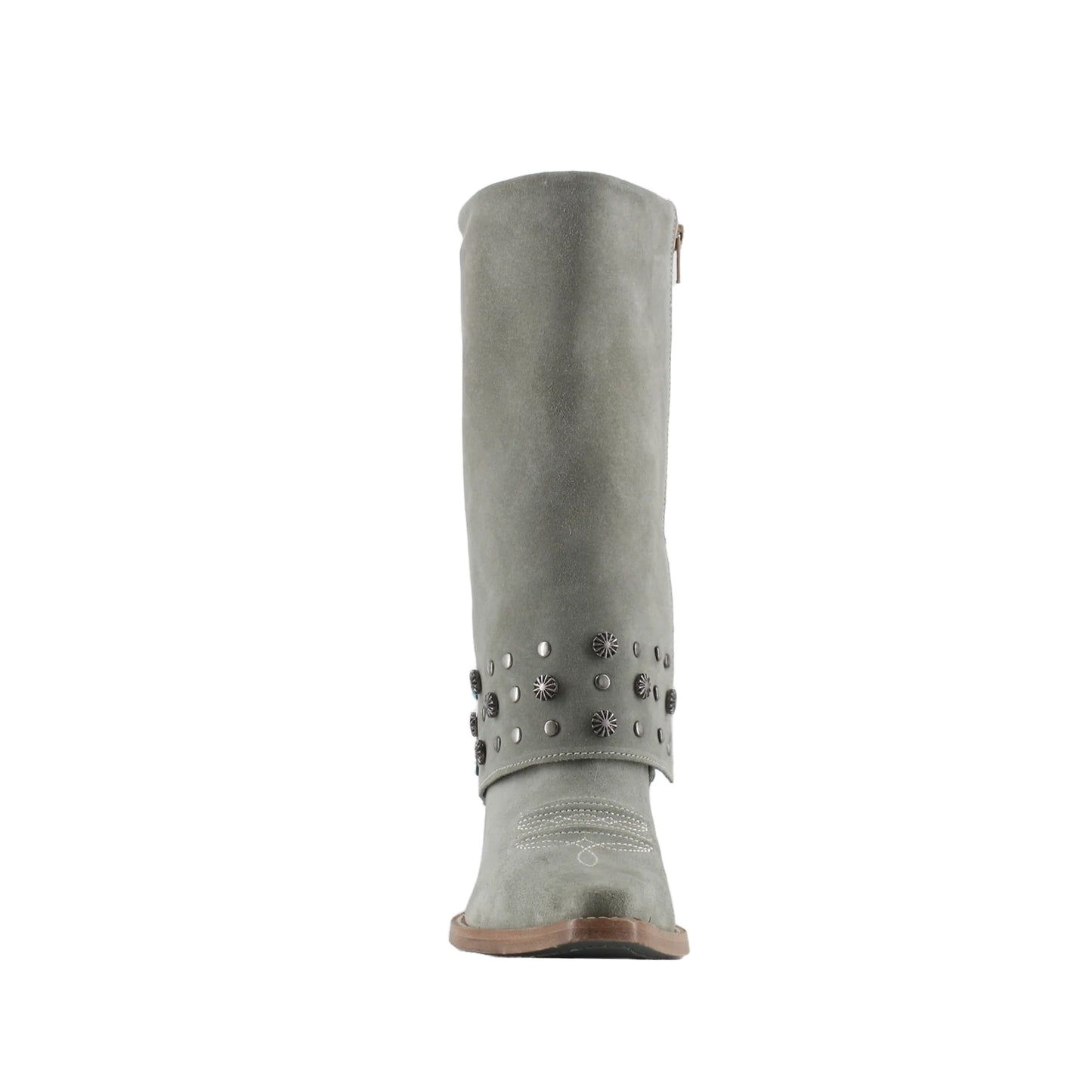 Gray Faux Suede Snip-Toe Studded Fold-Over Full-Zip Mid Calf Cowgirl Boots