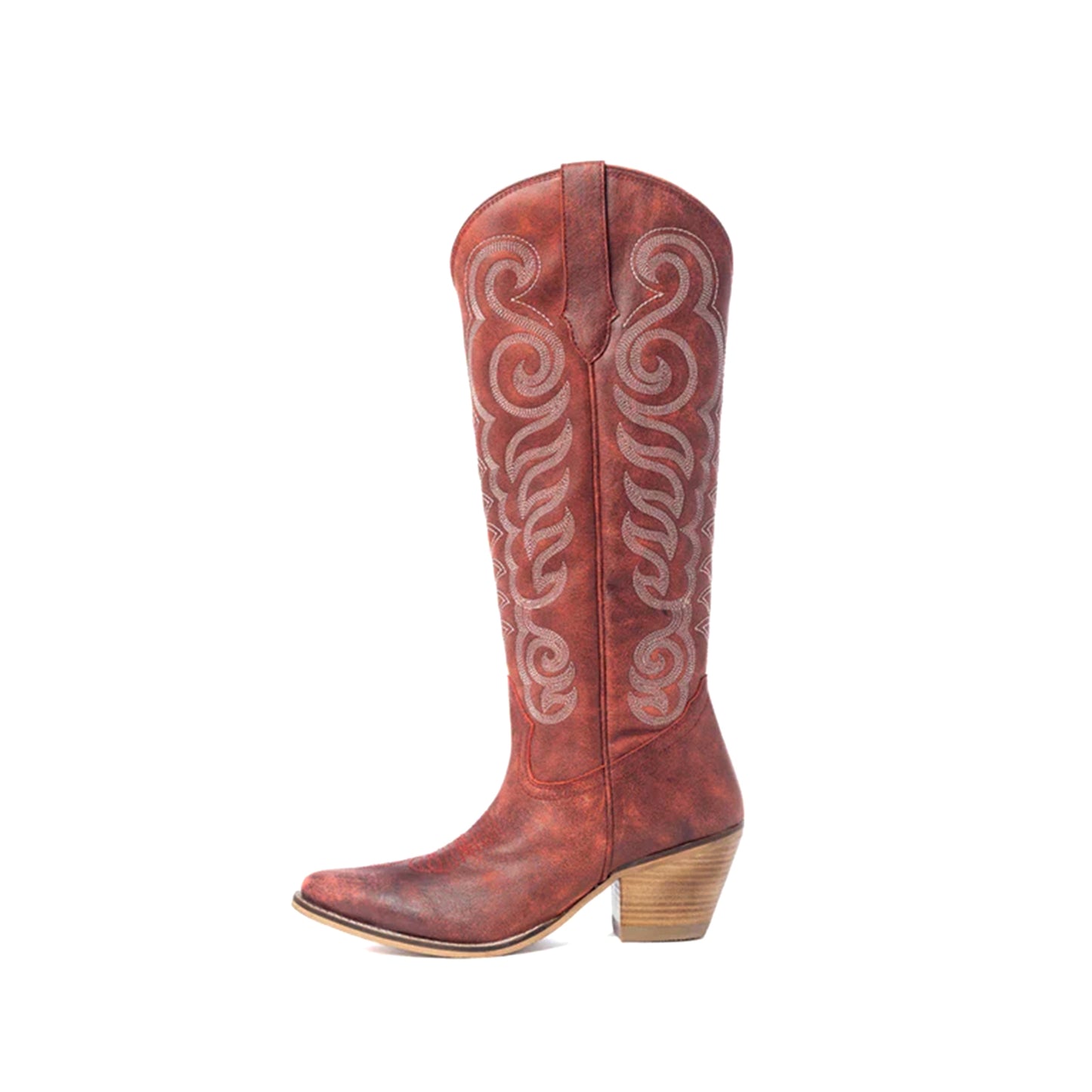 Distressed Red Almond-Toe Curled Embroidery Full-Zip Knee High Cowgirl Boots