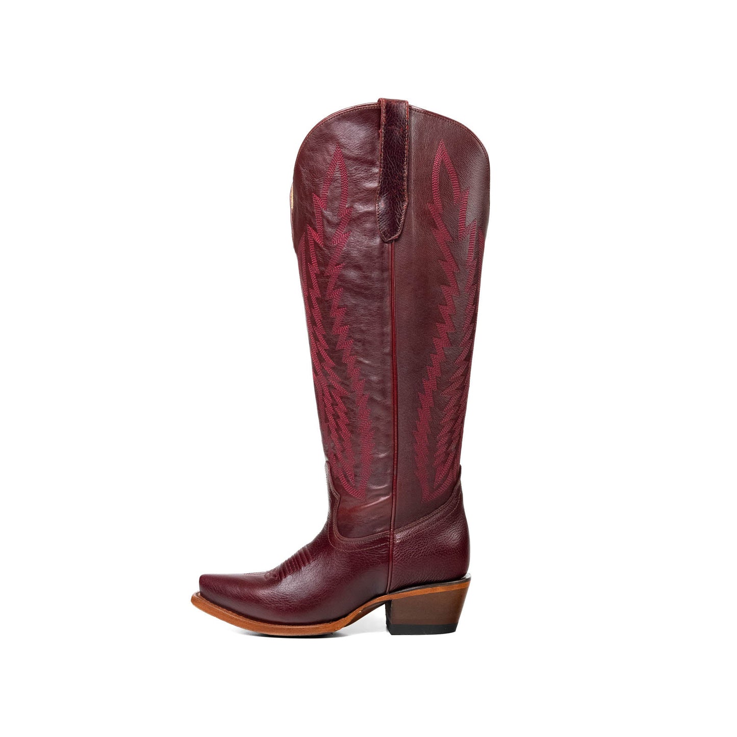 Wine Red Snip-Toe Classic Embroidery Half-Zip Knee High Cowgirl Boots