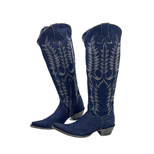 Blue Denim Pointed-Toe Embroidery Half-Zip Knee High Cowgirl Boots