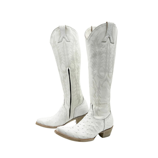 White Ostrich-Patterned Snip-Toe Embroidery Half-Zip Knee High Cowgirl Boots