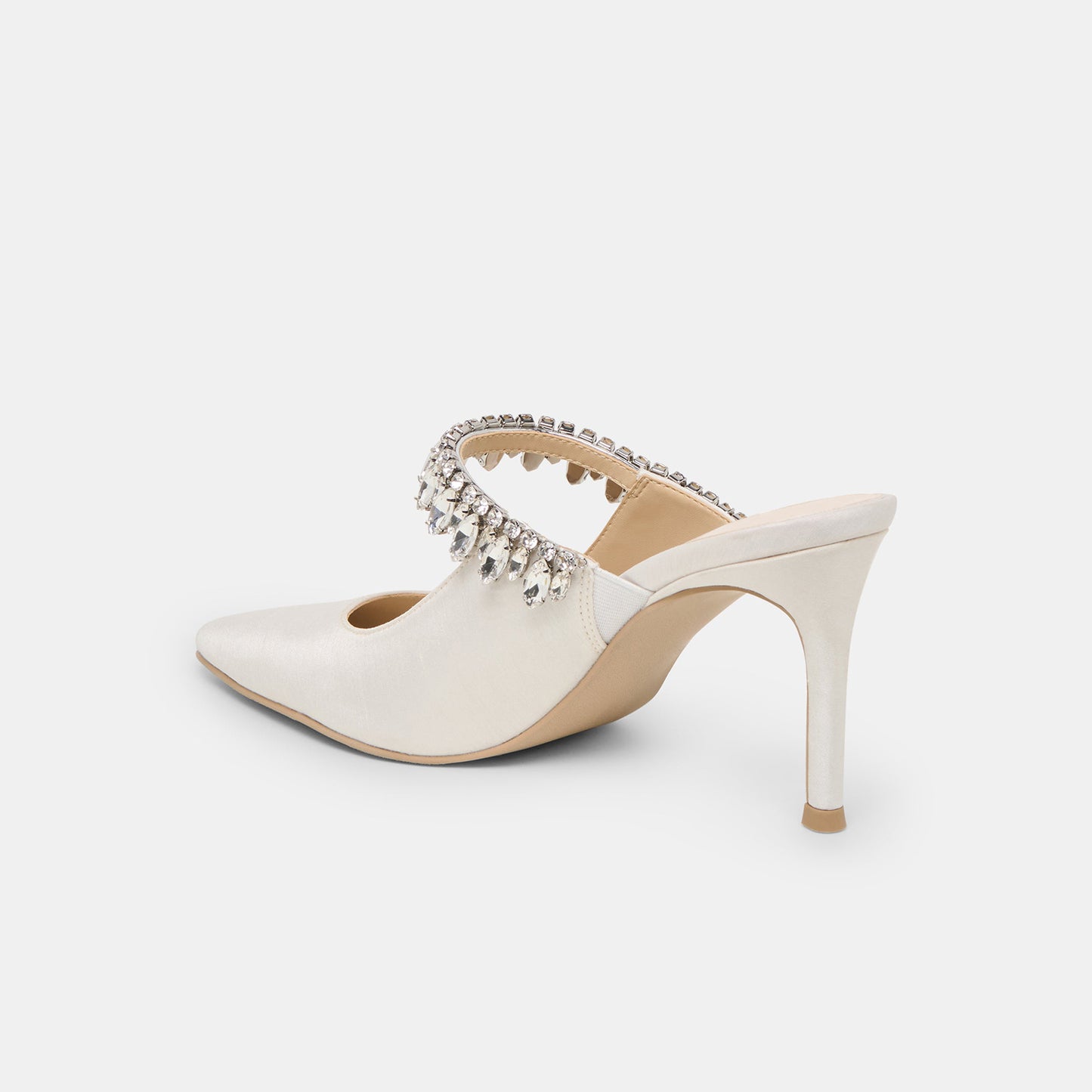 White Satin Pointed-Toe Slip-On Bridge Crystal Fringe Kitten Heels