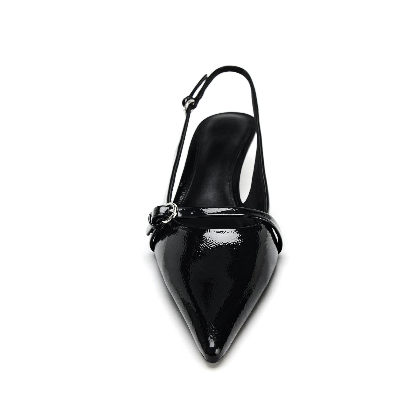 Patent Black Pointed-Toe Front Strap Slingback Kitten Heels