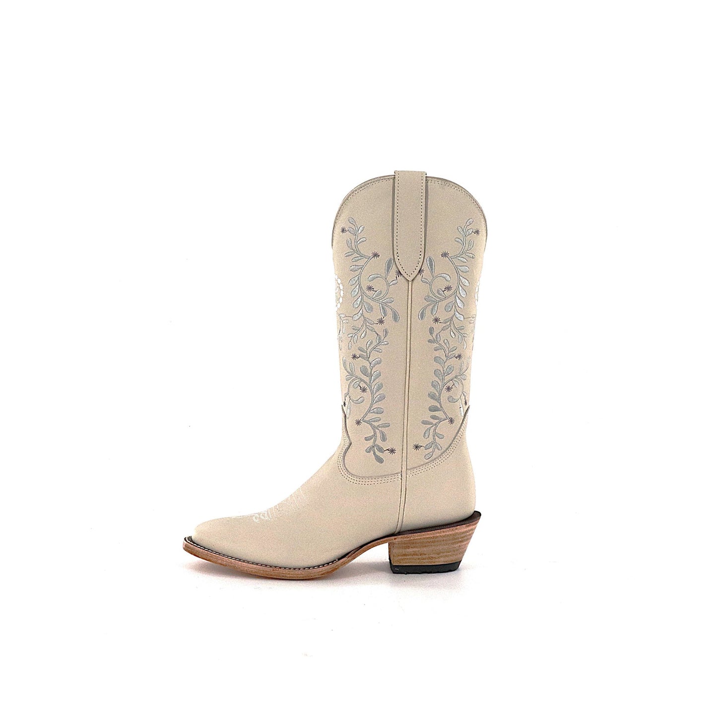 Nude Round-Toe Leaves Embroidery Mid Calf Cowgirl Boots